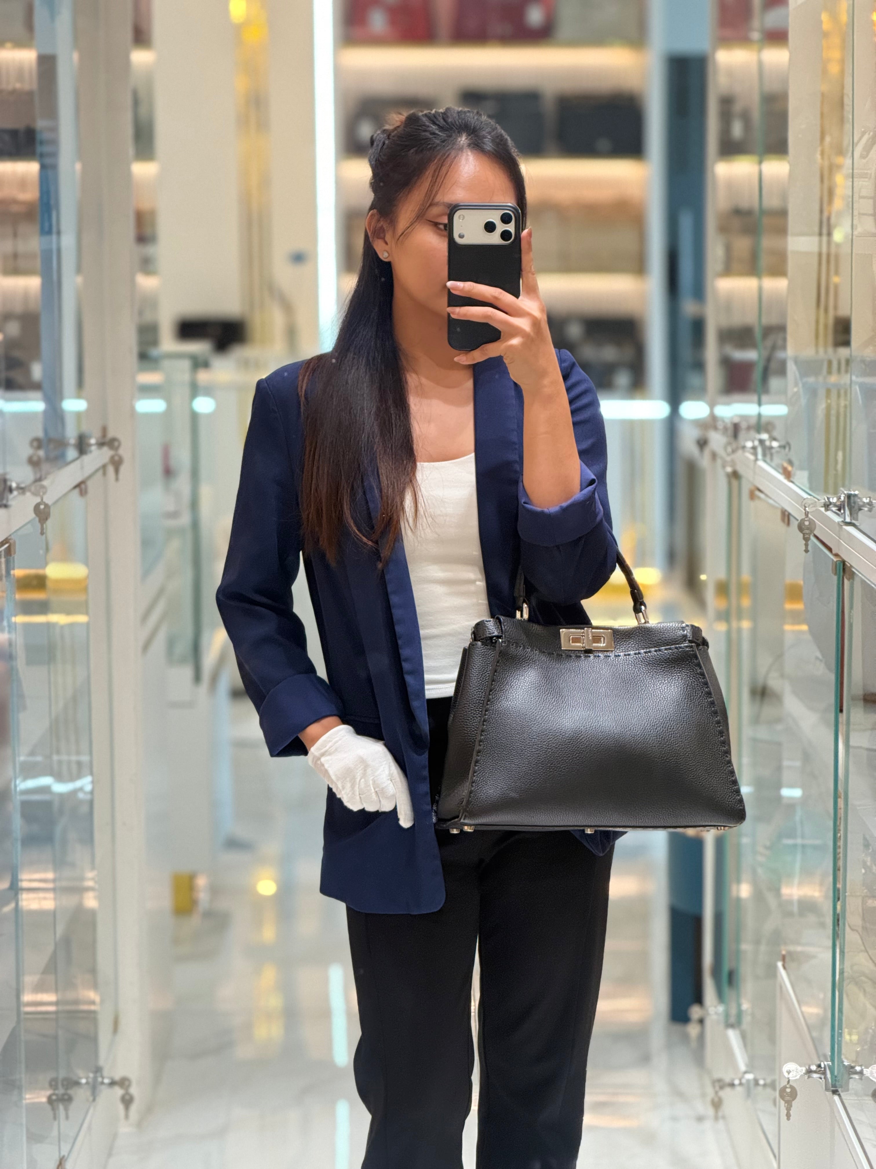 Fendi Peekaboo Medium in Black Grained Leather Silver Hardware | Purse Maison Luxury Bags Shop