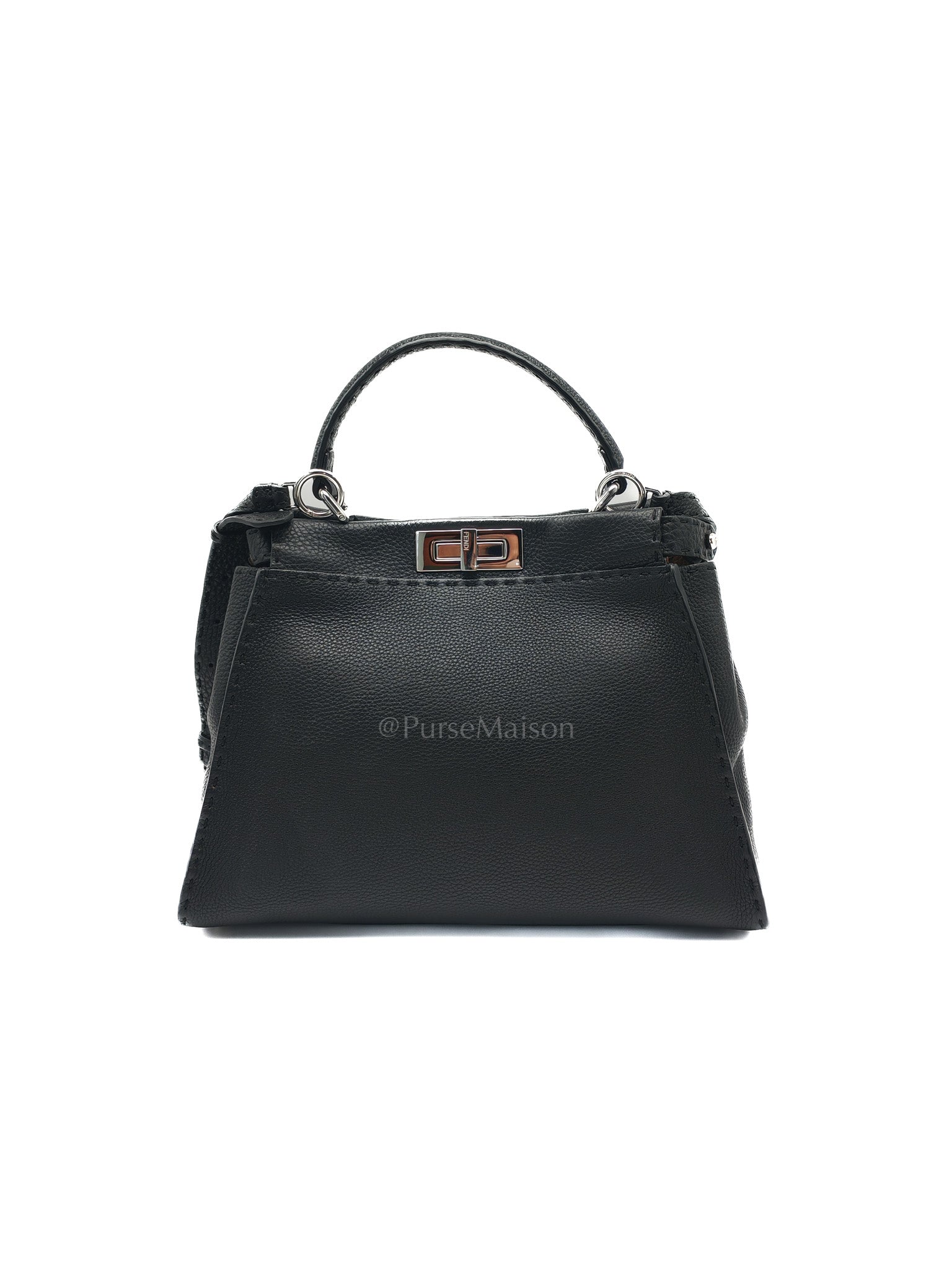 Fendi Peekaboo Medium in Black Grained Leather Silver Hardware | Purse Maison Luxury Bags Shop