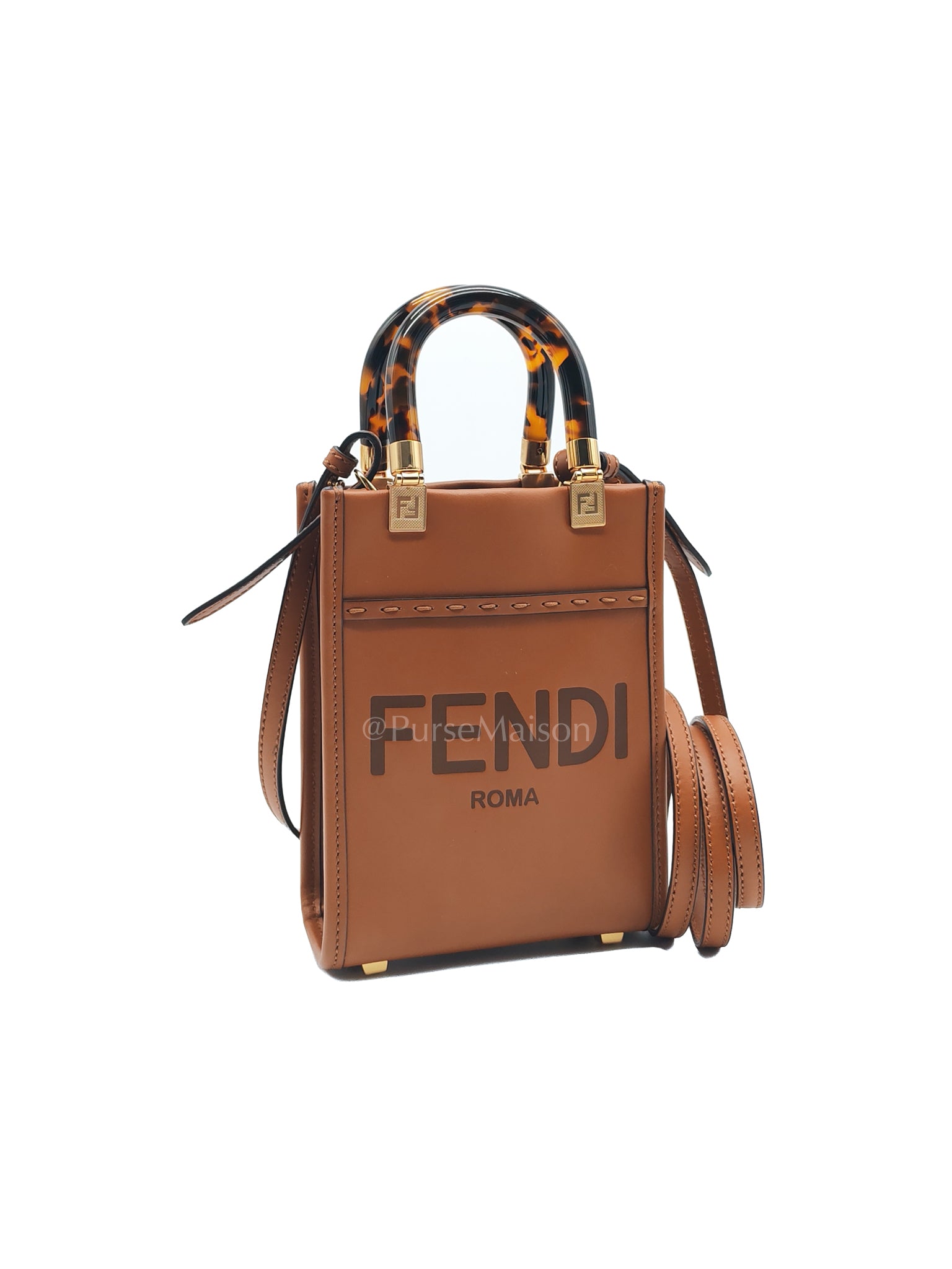 Roma Sunshine Mini Shopper Bag in Brown Calfskin Leather and Tortoise-Shell Handle | Purse Maison Luxury Bags Shop