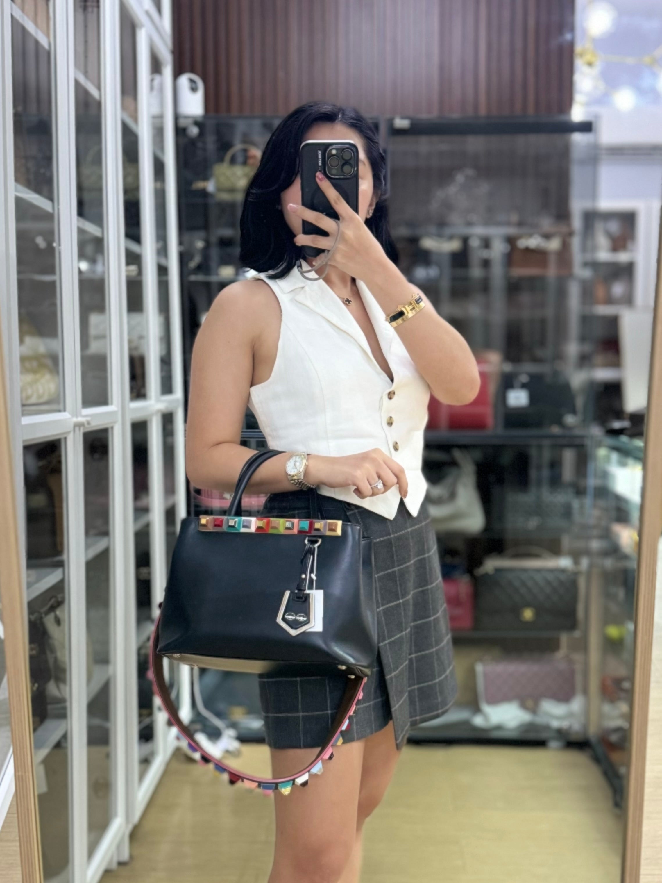 Studded Petite 2jours Black Leather Tote Bag | Purse Maison