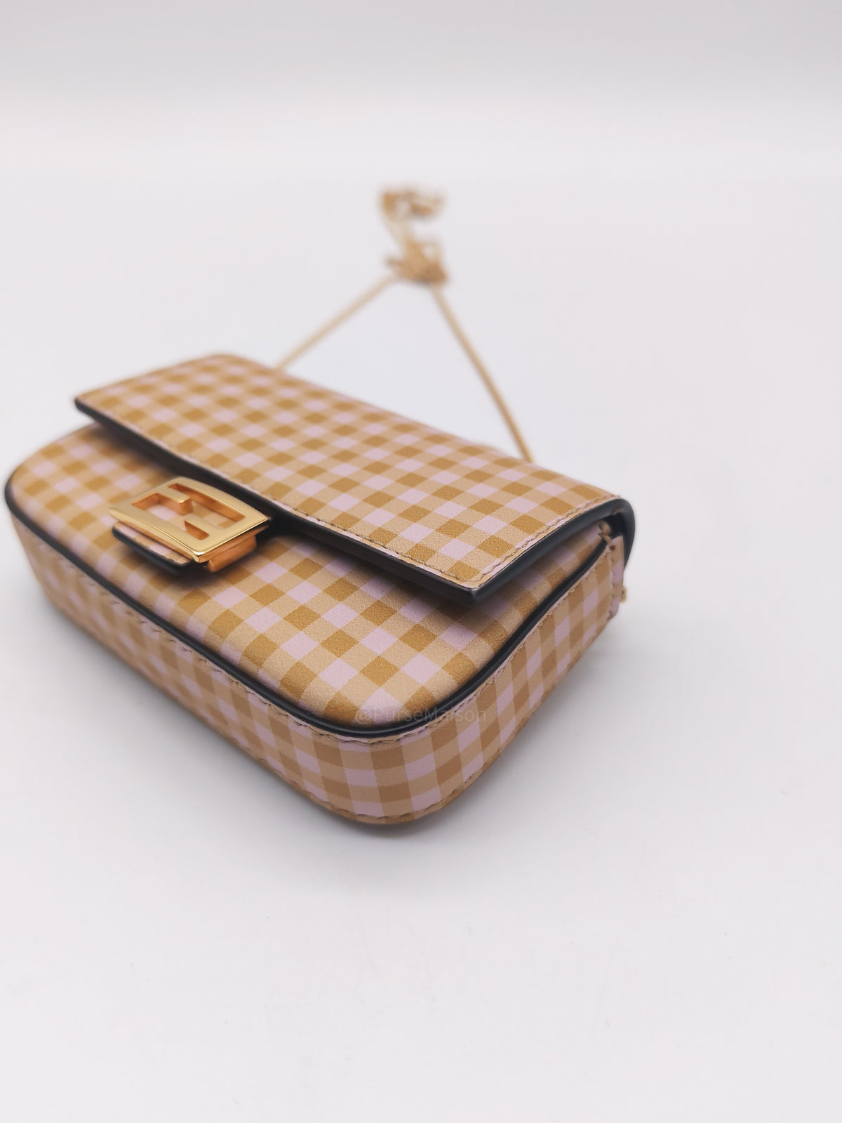 Fendi Vitello Century Nano Gingham Baguette Charm Rosewood Mustard | Purse Maison Luxury Bags Shop