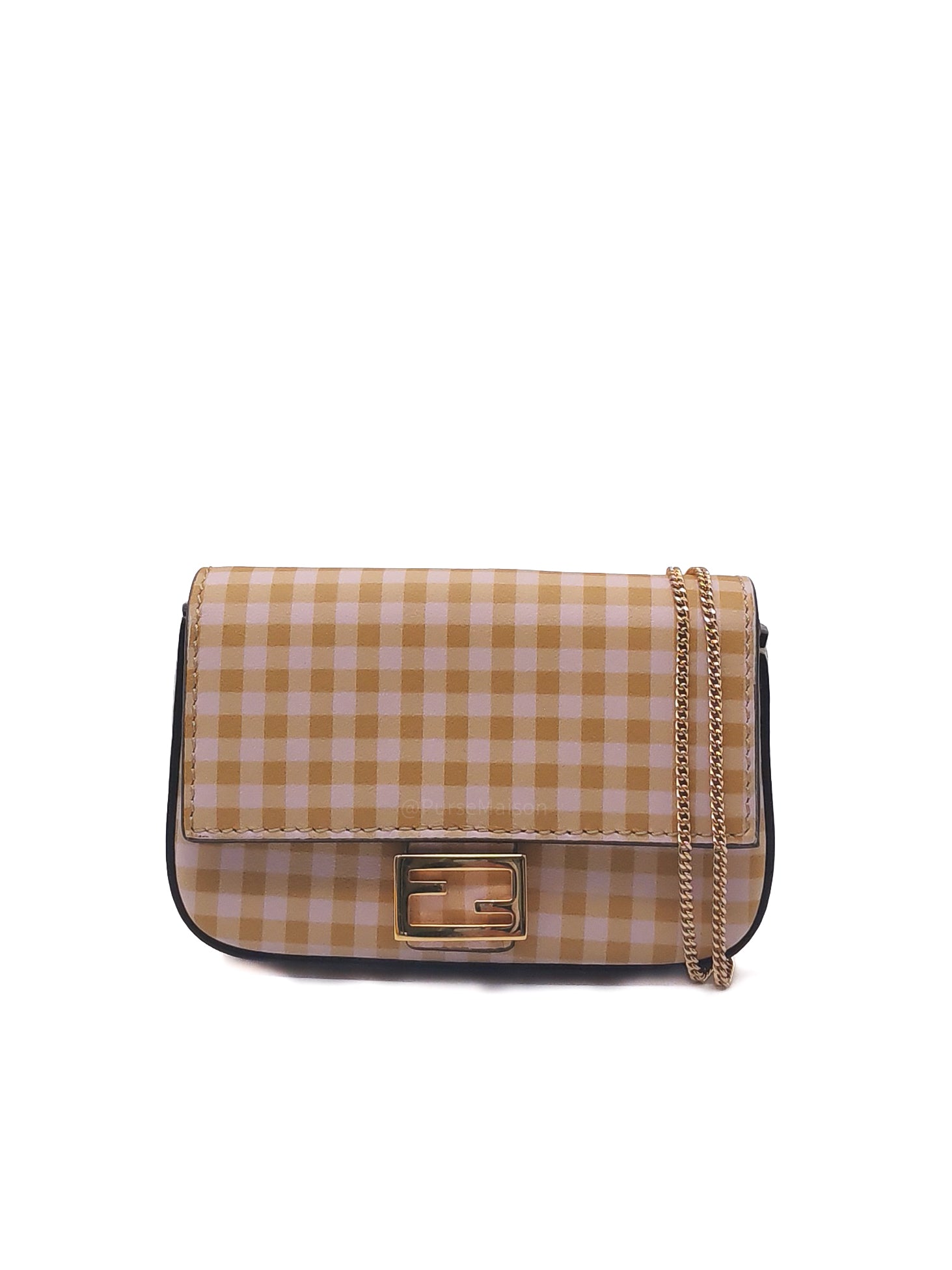 Fendi Vitello Century Nano Gingham Baguette Charm Rosewood Mustard | Purse Maison Luxury Bags Shop