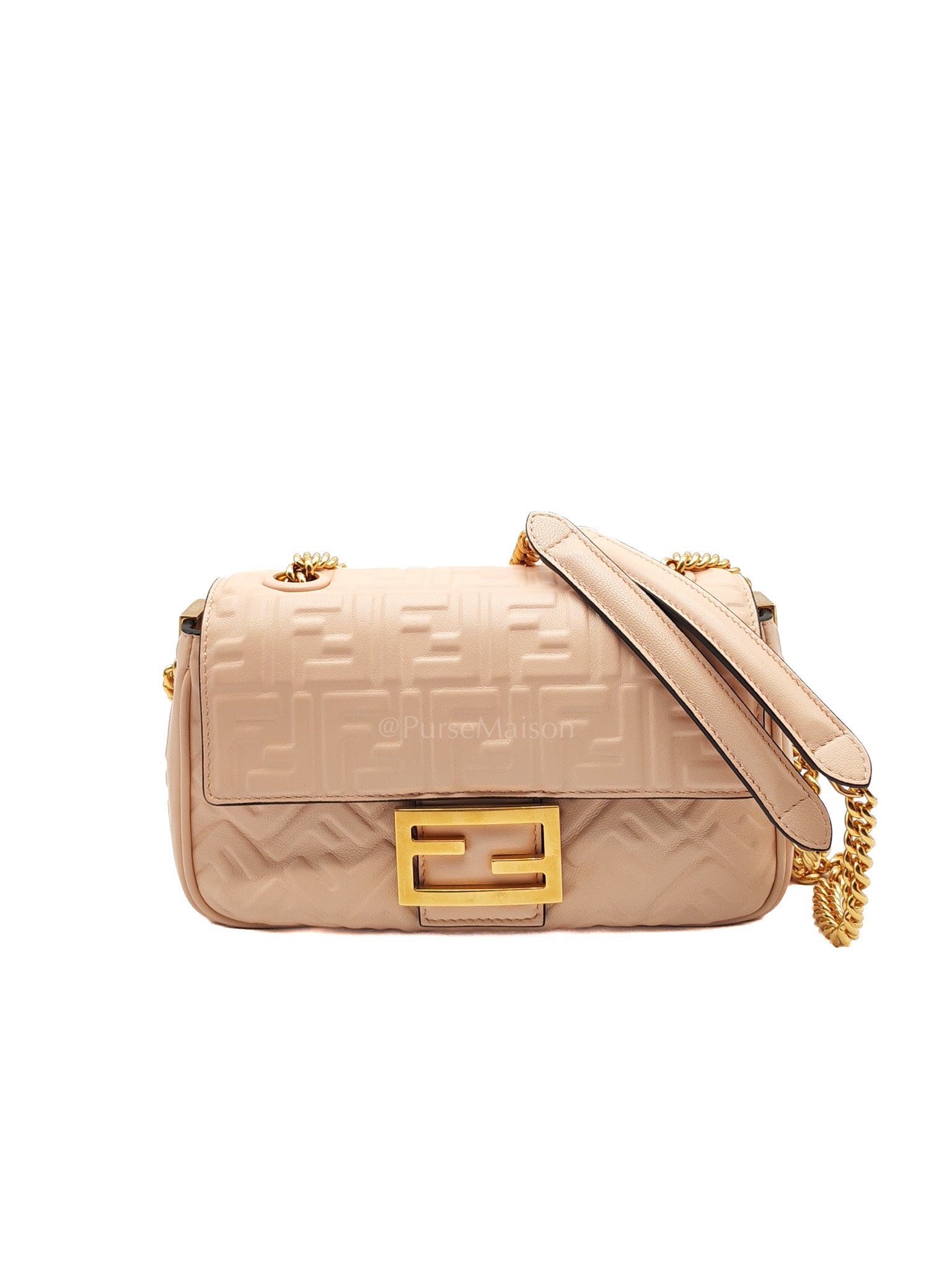 Baguette Chain Midi Bag in Light Rose Nappa FF Embossed Leather & Gold Hardware