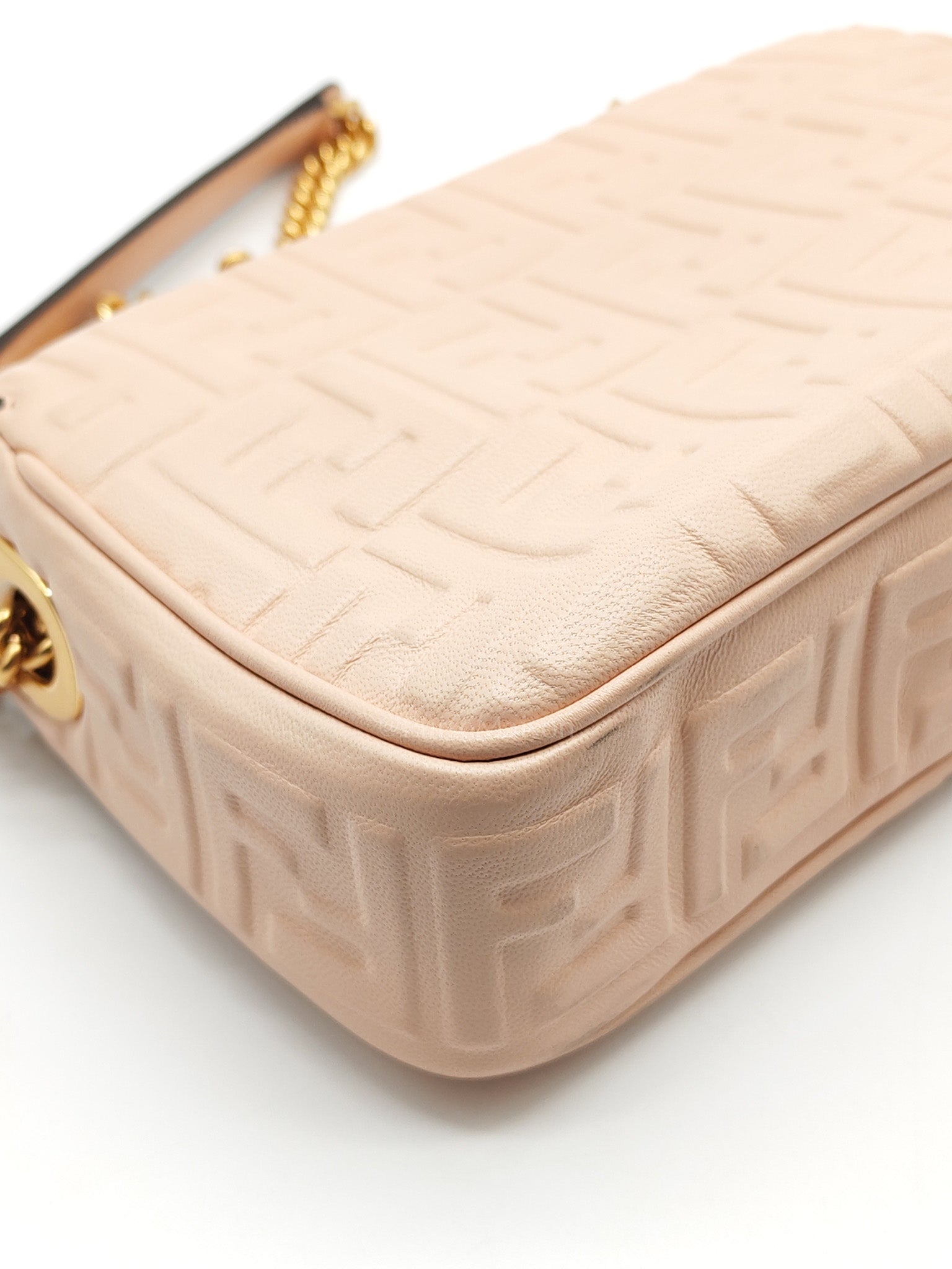 Baguette Chain Midi Bag in Light Rose Nappa FF Embossed Leather & Gold Hardware