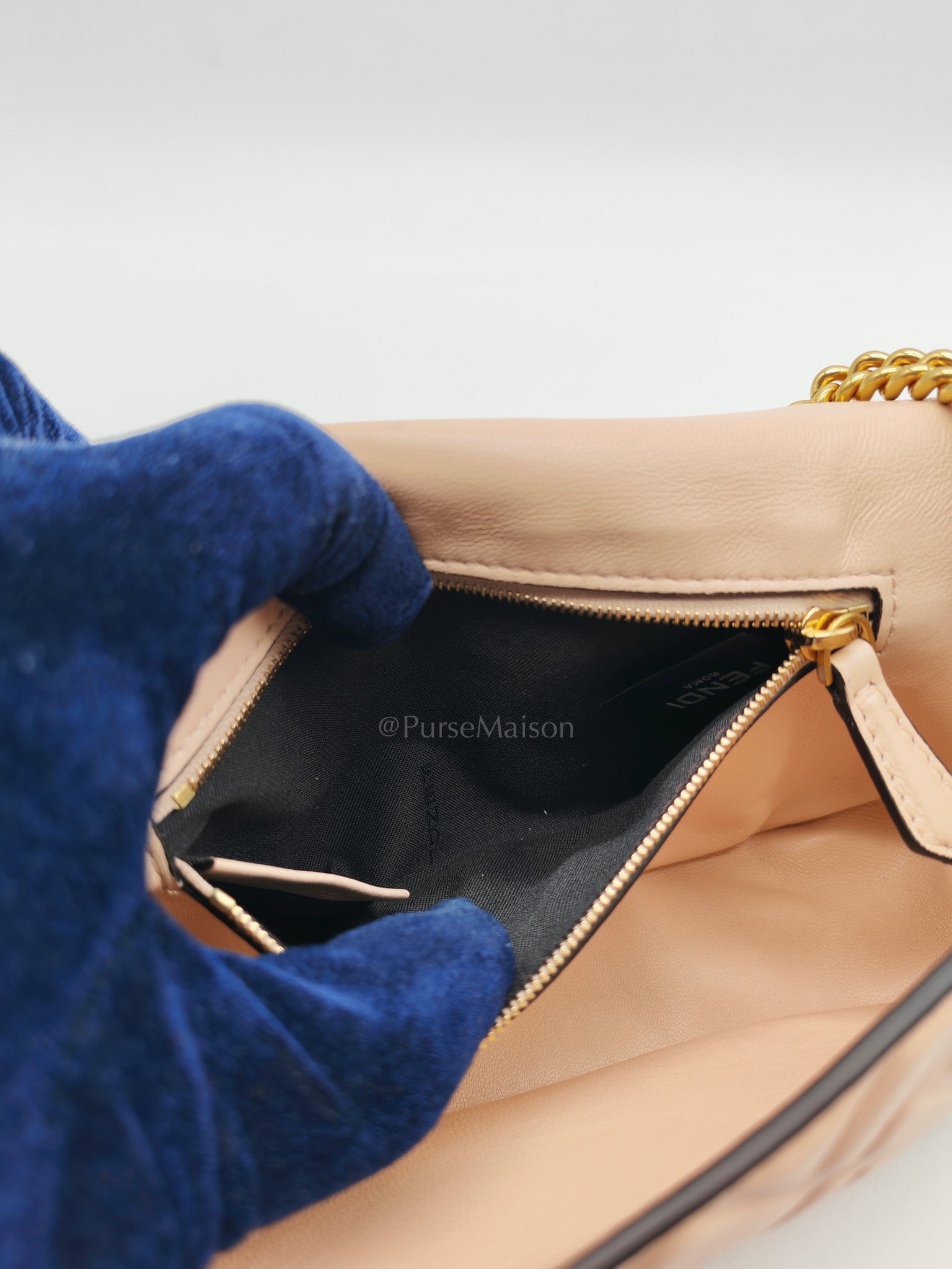 Baguette Chain Midi Bag in Light Rose Nappa FF Embossed Leather & Gold Hardware
