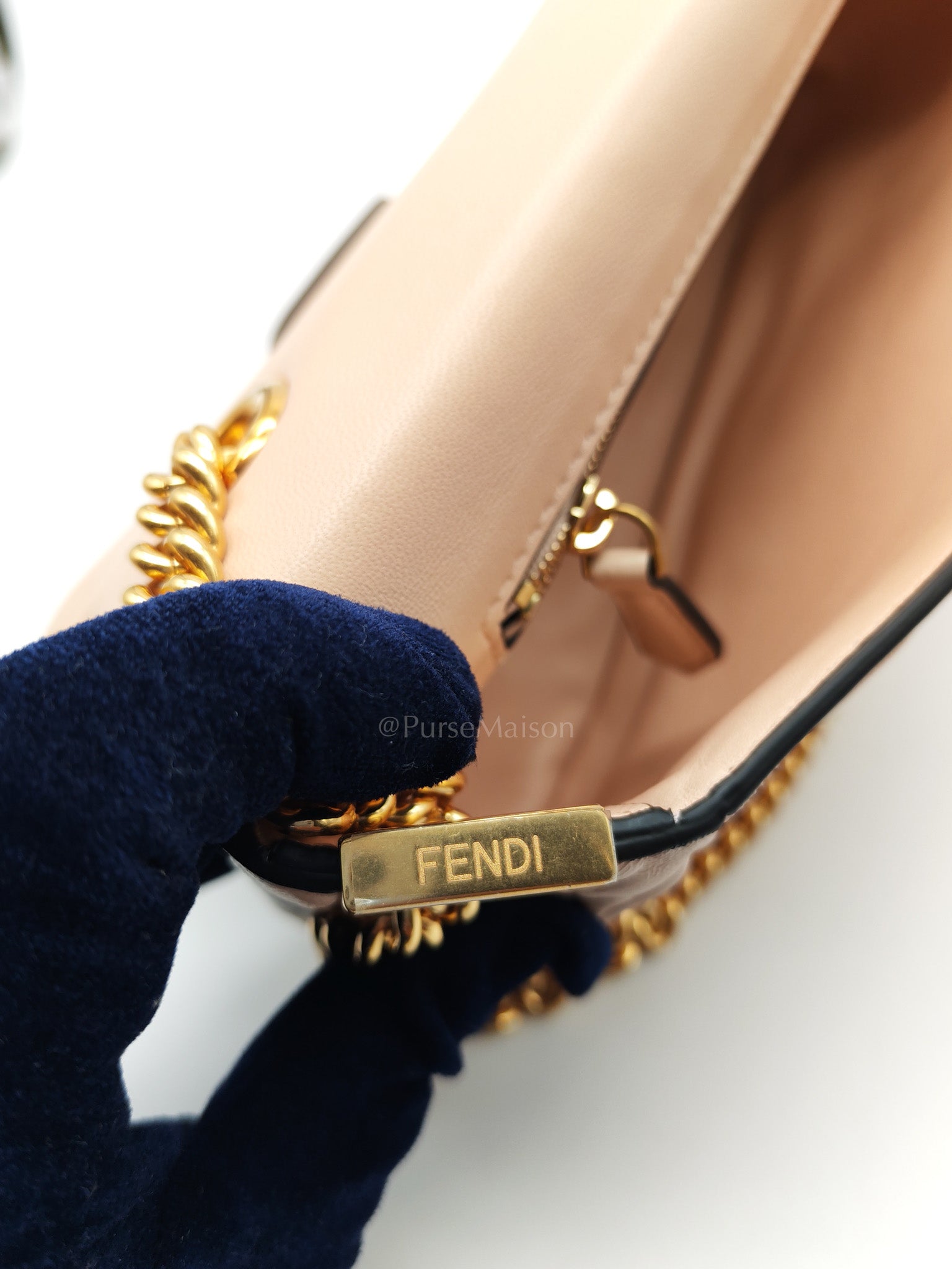 Baguette Chain Midi Bag in Light Rose Nappa FF Embossed Leather & Gold Hardware