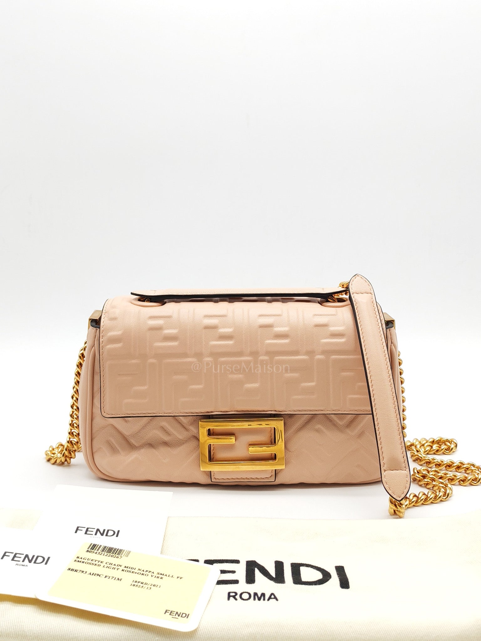 Baguette Chain Midi Bag in Light Rose Nappa FF Embossed Leather & Gold Hardware