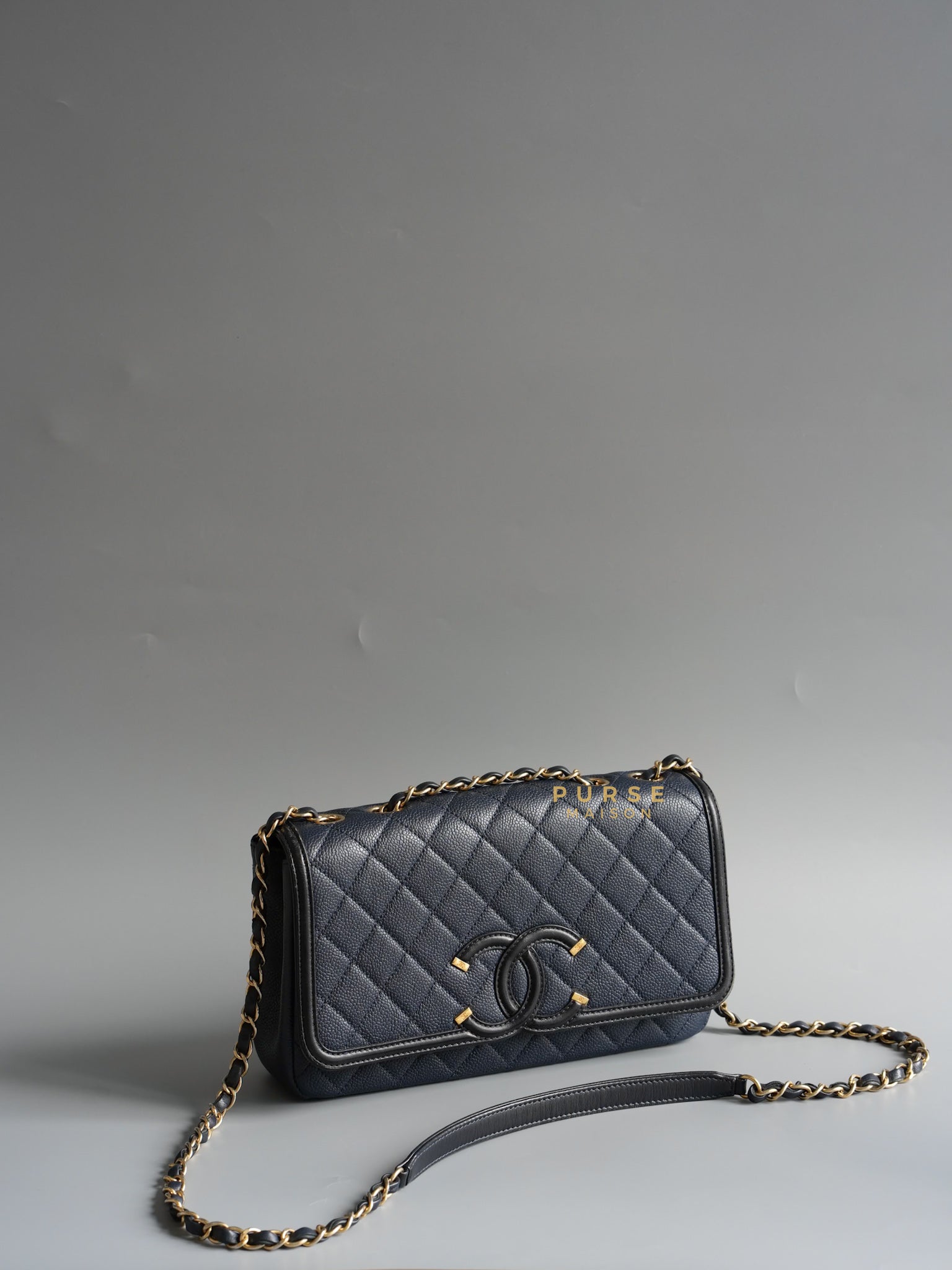 Filigree Flap Quilted Navy Blue Caviar Leather & Gold Hardware (Series 23) | Purse Maison Luxury Bags Shop