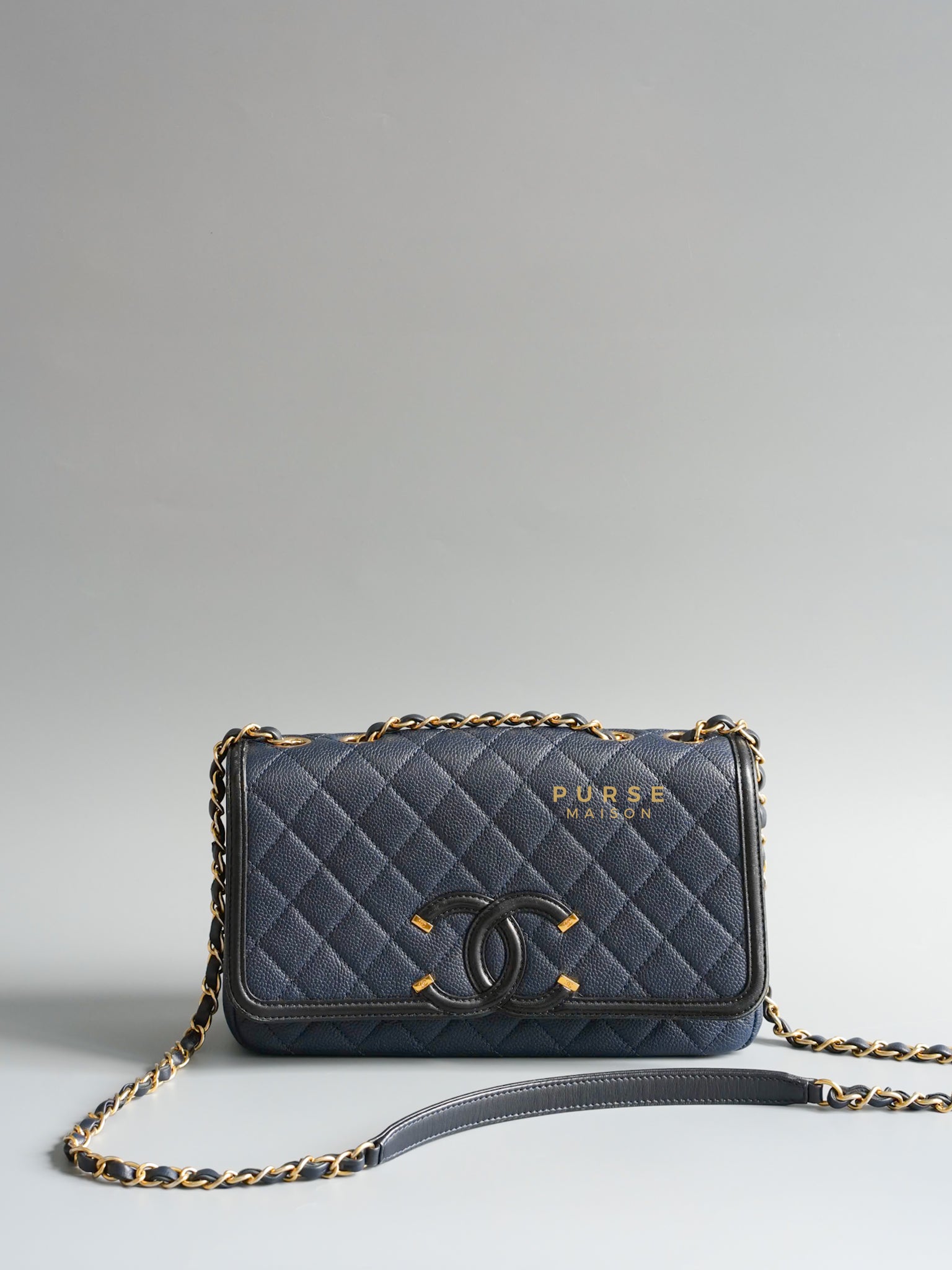 Filigree Flap Quilted Navy Blue Caviar Leather & Gold Hardware (Series 23) | Purse Maison Luxury Bags Shop