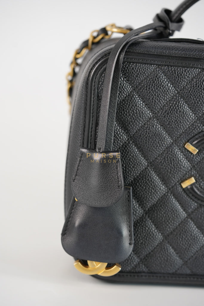 Filigree Large Vanity Case in Black Quilted Caviar Leather and Aged Gold Hardware Series 24 | Purse Maison Luxury Bags Shop