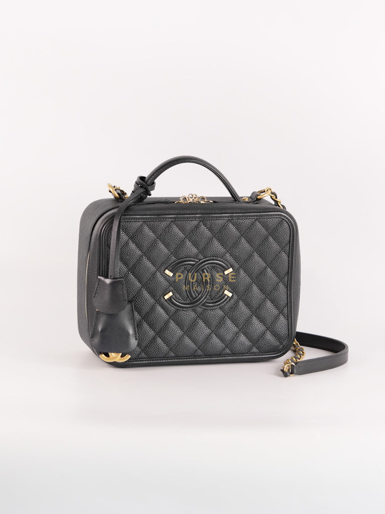 Filigree Large Vanity Case in Black Quilted Caviar Leather and Aged Gold Hardware Series 24 | Purse Maison Luxury Bags Shop