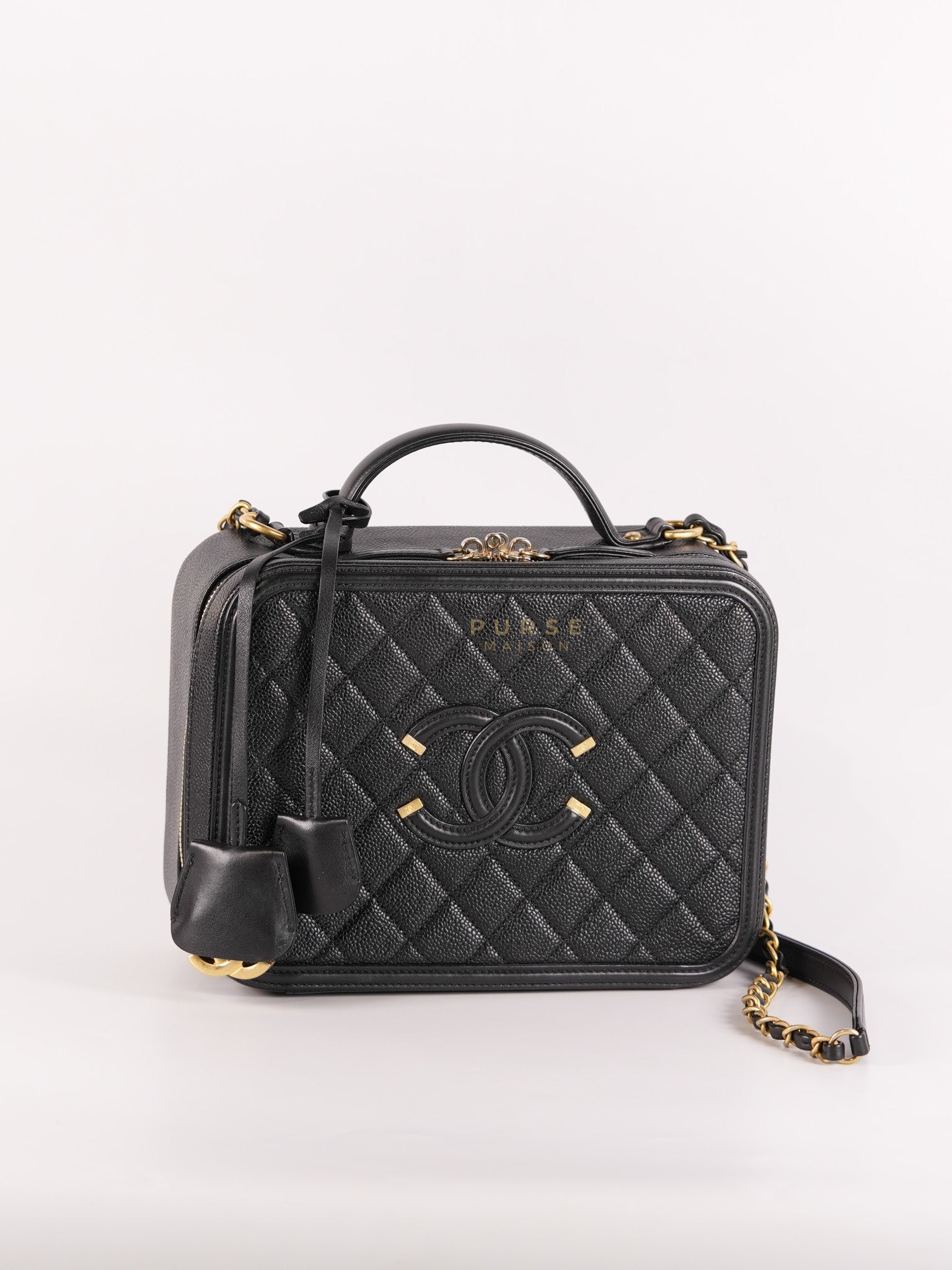 Filigree Large Vanity Case in Black Quilted Caviar Leather and Aged Gold Hardware Series 27 | Purse Maison Luxury Bags Shop