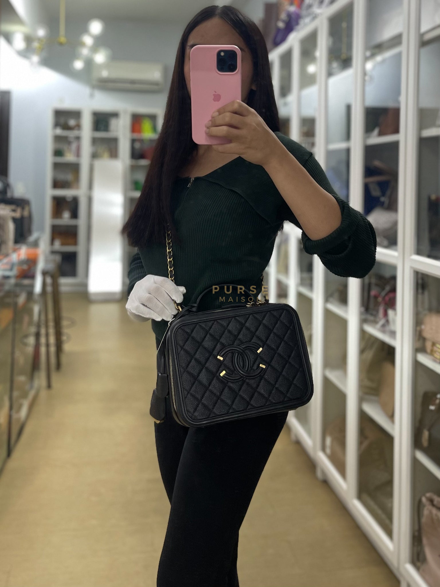 Filigree Large Vanity Case in Black Quilted Caviar Leather and Aged Gold Hardware Series 27 | Purse Maison Luxury Bags Shop