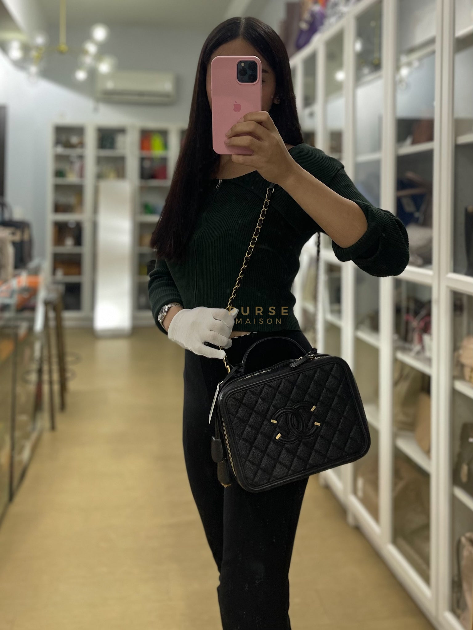 Filigree Large Vanity Case in Black Quilted Caviar Leather and Aged Gold Hardware Series 27 | Purse Maison Luxury Bags Shop