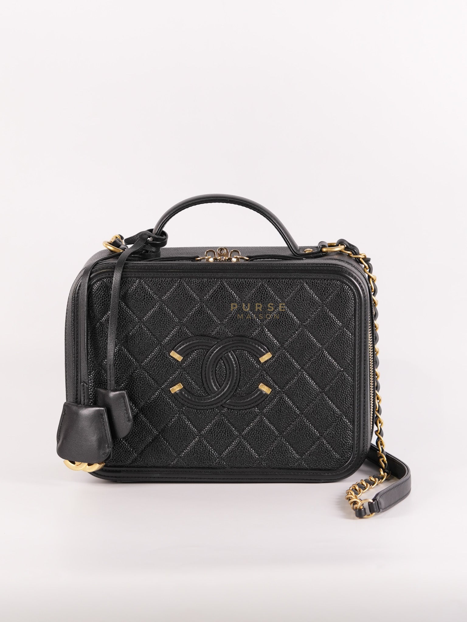 Filigree Large Vanity Case in Black Quilted Caviar Leather and Aged Gold Hardware Series 27 | Purse Maison Luxury Bags Shop