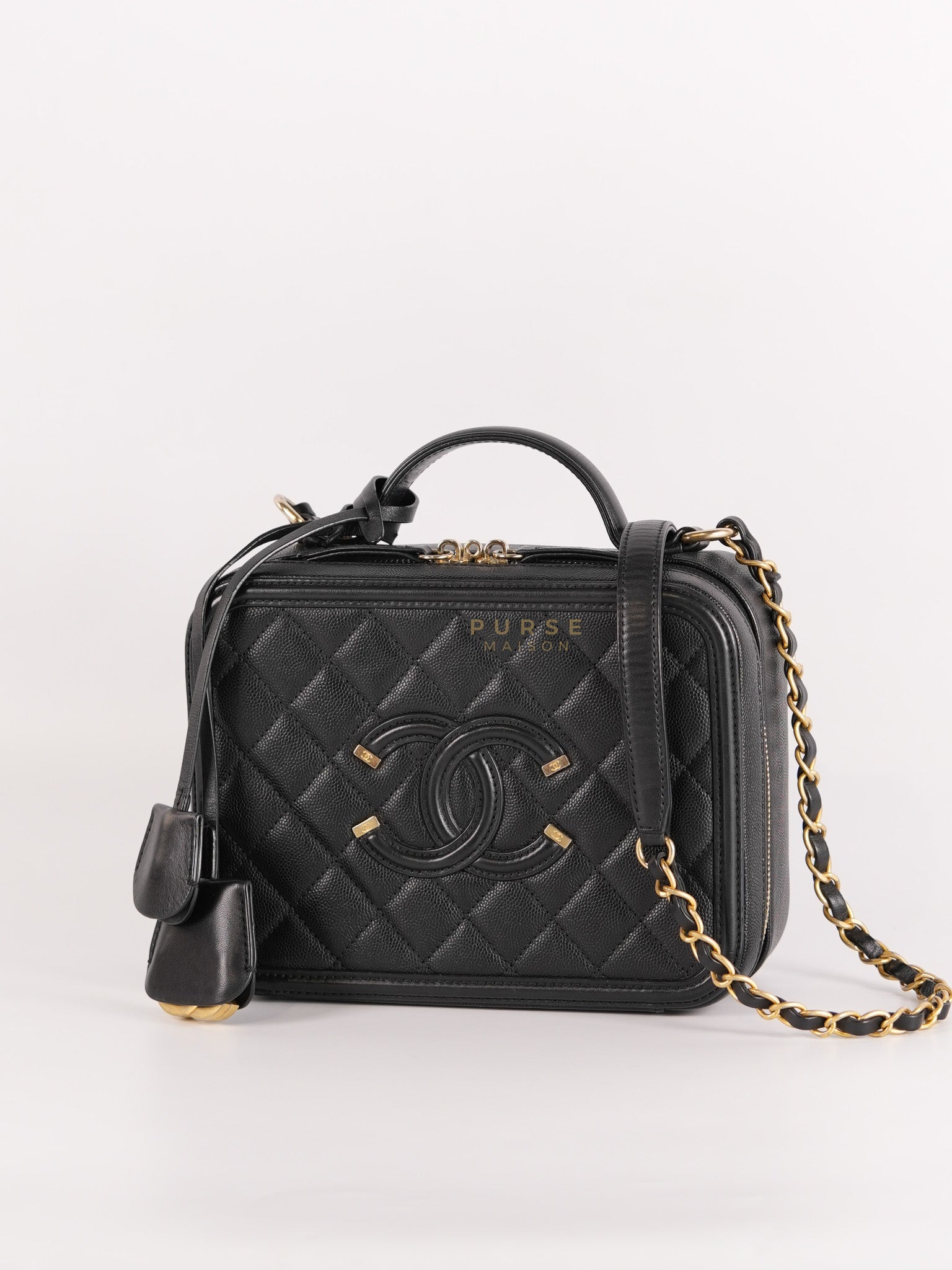 Filigree Medium Vanity Case in Black Caviar Leather and Aged Gold Hardware Series 26 | Purse Maison Luxury Bags Shop