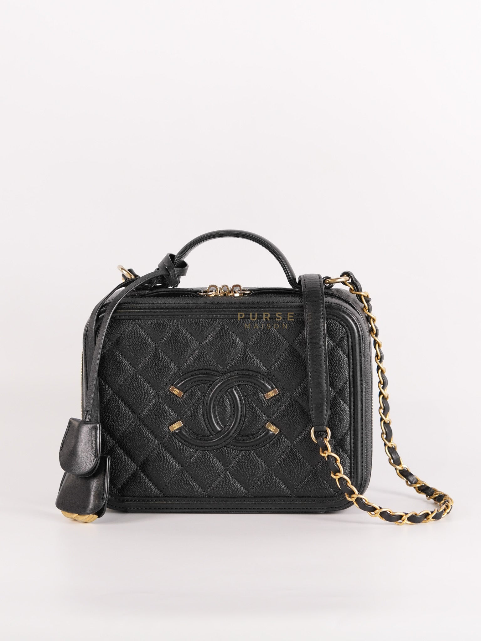 Filigree Medium Vanity Case in Black Caviar Leather and Aged Gold Hardware Series 26 | Purse Maison Luxury Bags Shop