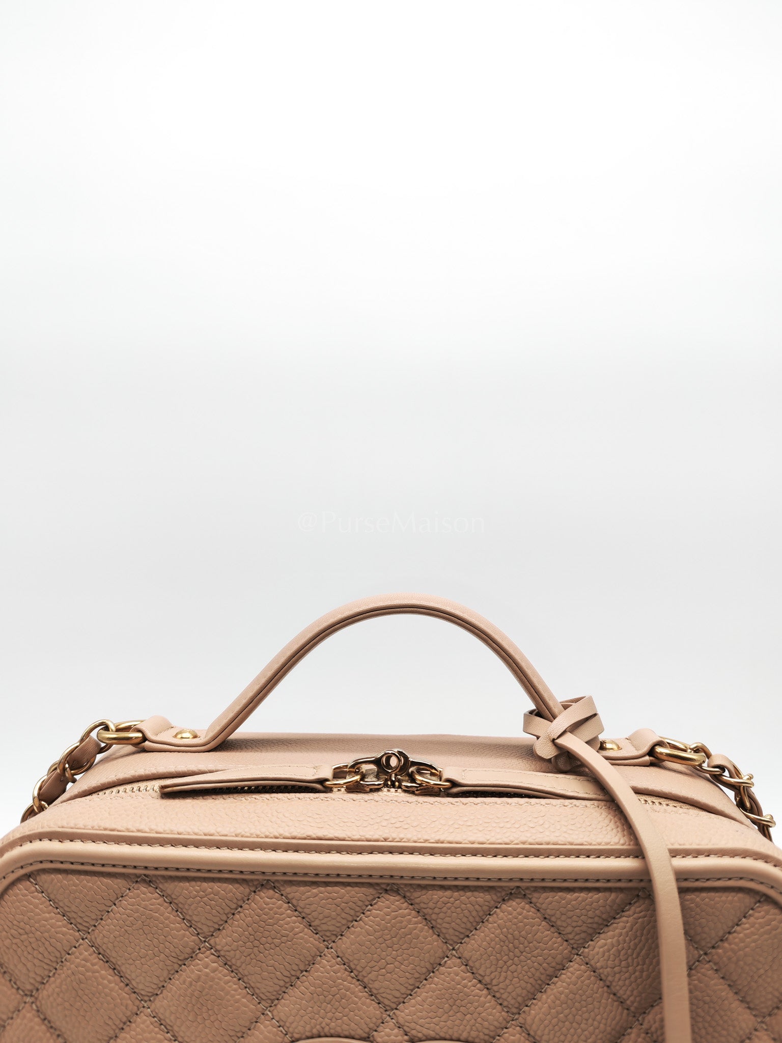 Filigree Vanity Case Large Beige Caviar Leather in Aged Gold Hardware (Series 24) | Purse Maison Luxury Bags Shop