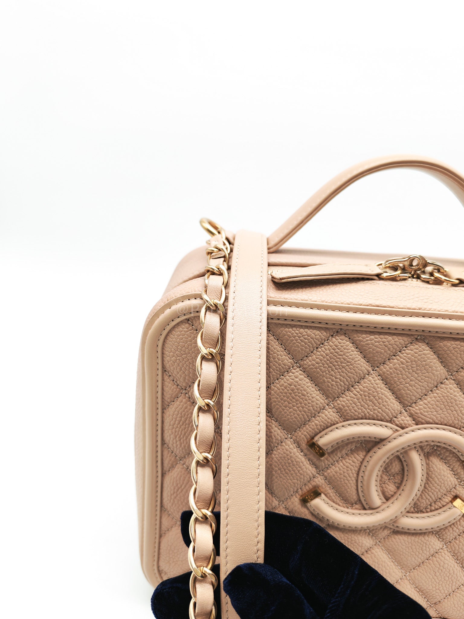 Filigree Vanity Case Large Beige Caviar Leather in Aged Gold Hardware (Series 24) | Purse Maison Luxury Bags Shop
