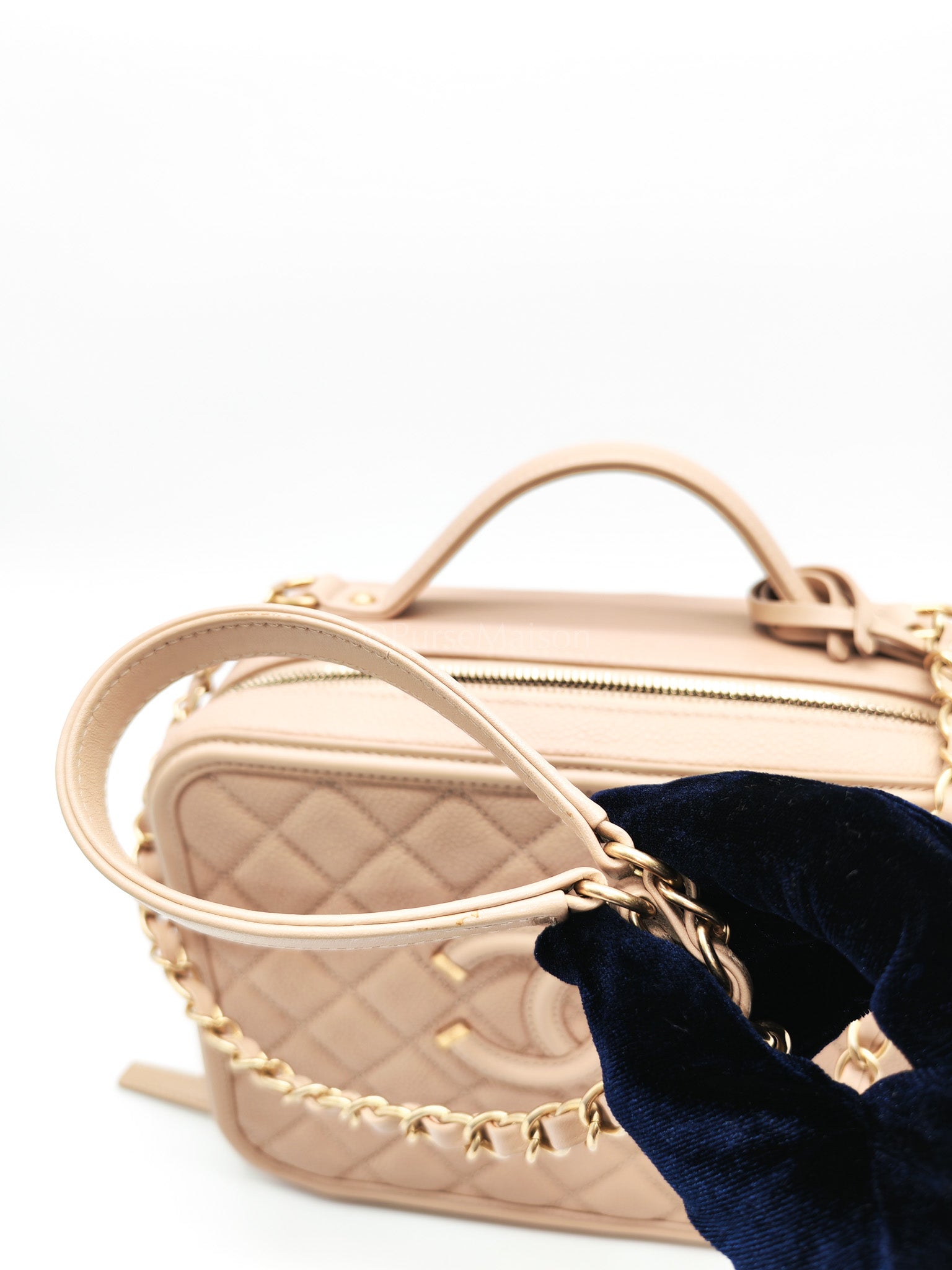 Filigree Vanity Case Large Beige Caviar Leather in Aged Gold Hardware (Series 24) | Purse Maison Luxury Bags Shop