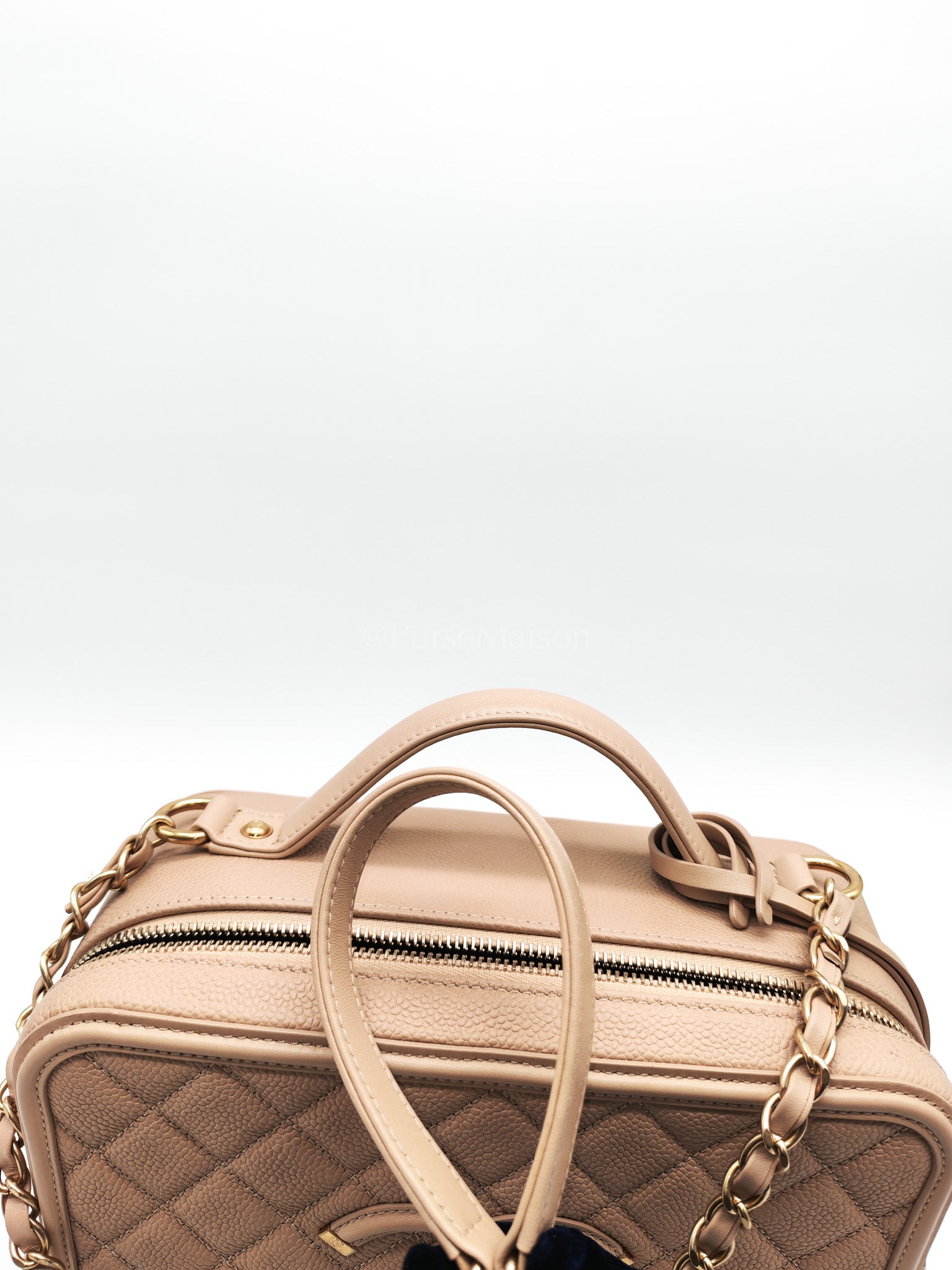 Filigree Vanity Case Large Beige Caviar Leather in Aged Gold Hardware (Series 24) | Purse Maison Luxury Bags Shop