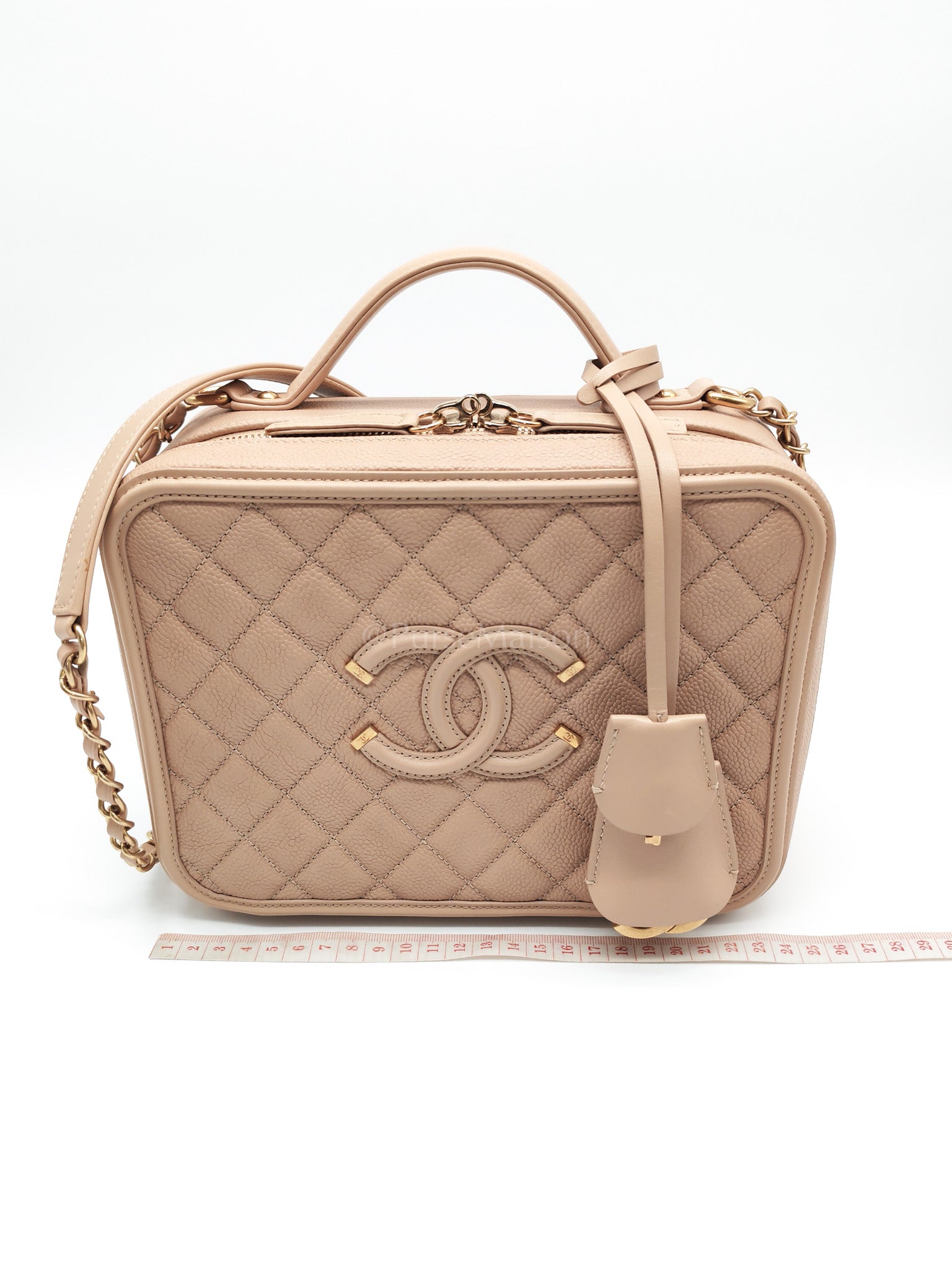 Filigree Vanity Case Large Beige Caviar Leather in Aged Gold Hardware (Series 24) | Purse Maison Luxury Bags Shop