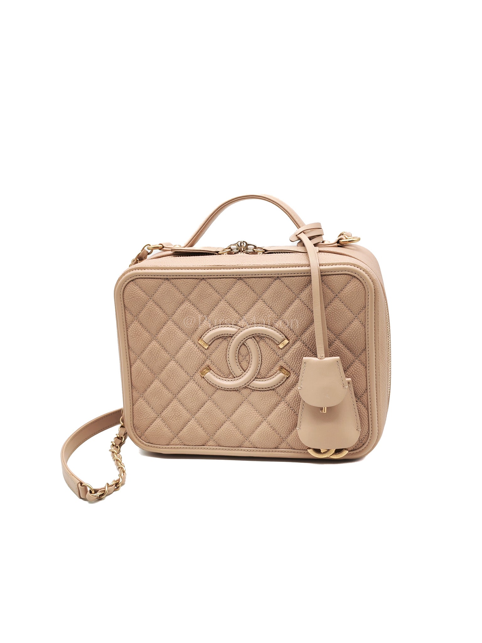 Filigree Vanity Case Large Beige Caviar Leather in Aged Gold Hardware (Series 24) | Purse Maison Luxury Bags Shop