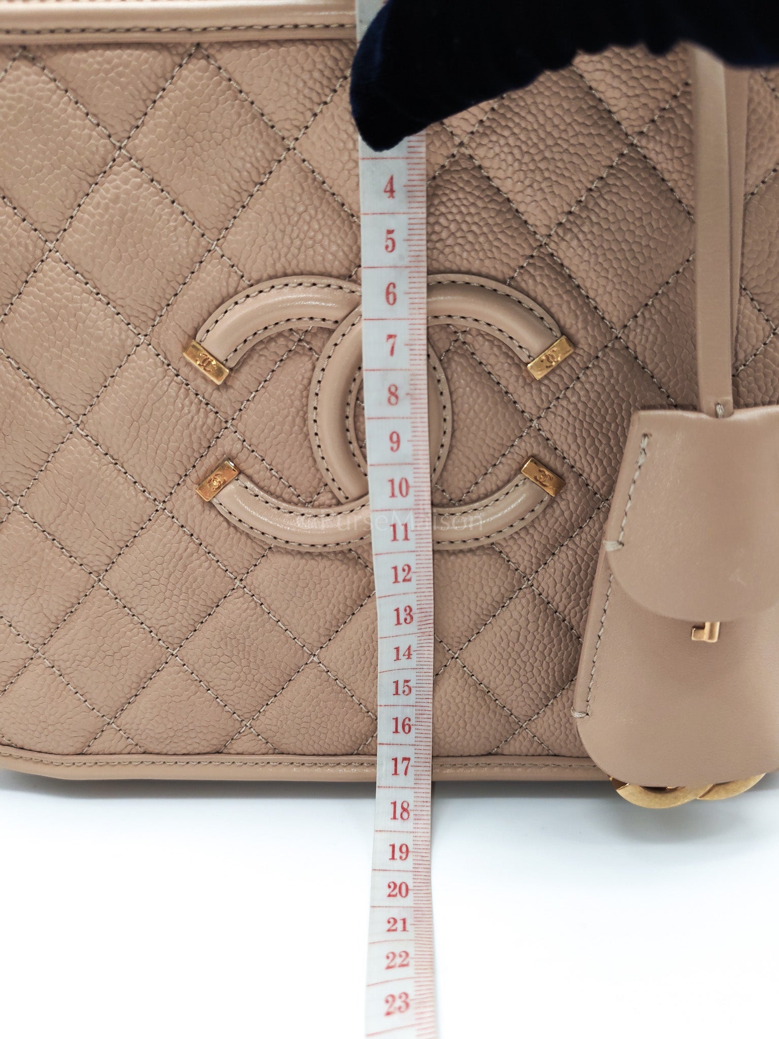 Filigree Vanity Case Large Beige Caviar Leather in Aged Gold Hardware (Series 24) | Purse Maison Luxury Bags Shop
