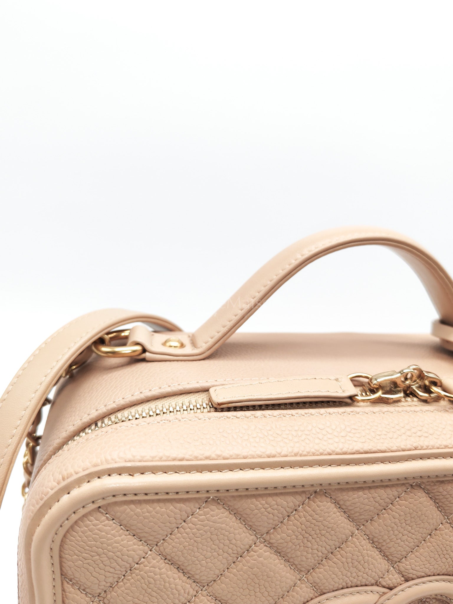 Filigree Vanity Case Large Beige Caviar Leather in Aged Gold Hardware (Series 24) | Purse Maison Luxury Bags Shop