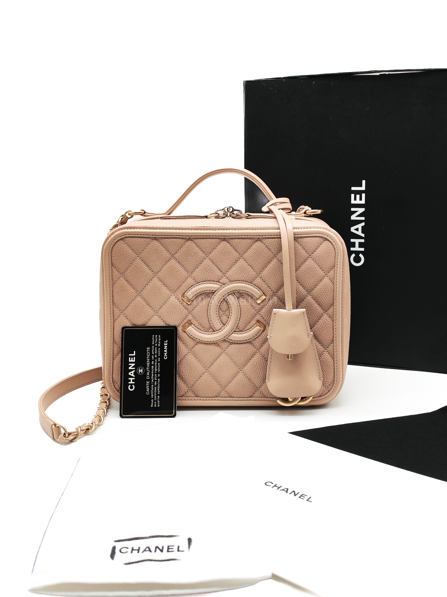 Filigree Vanity Case Large Beige Caviar Leather in Aged Gold Hardware (Series 24) | Purse Maison Luxury Bags Shop