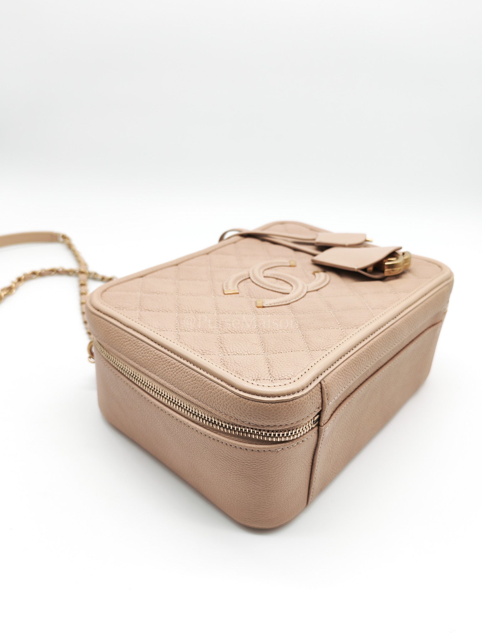 Filigree Vanity Case Large Beige Caviar Leather in Aged Gold Hardware (Series 24) | Purse Maison Luxury Bags Shop