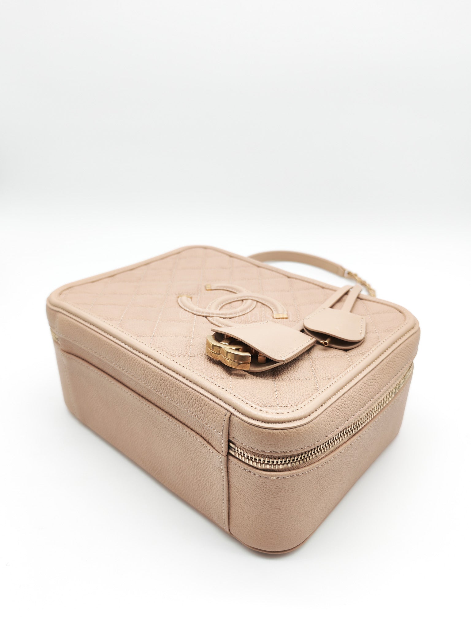 Filigree Vanity Case Large Beige Caviar Leather in Aged Gold Hardware (Series 24) | Purse Maison Luxury Bags Shop