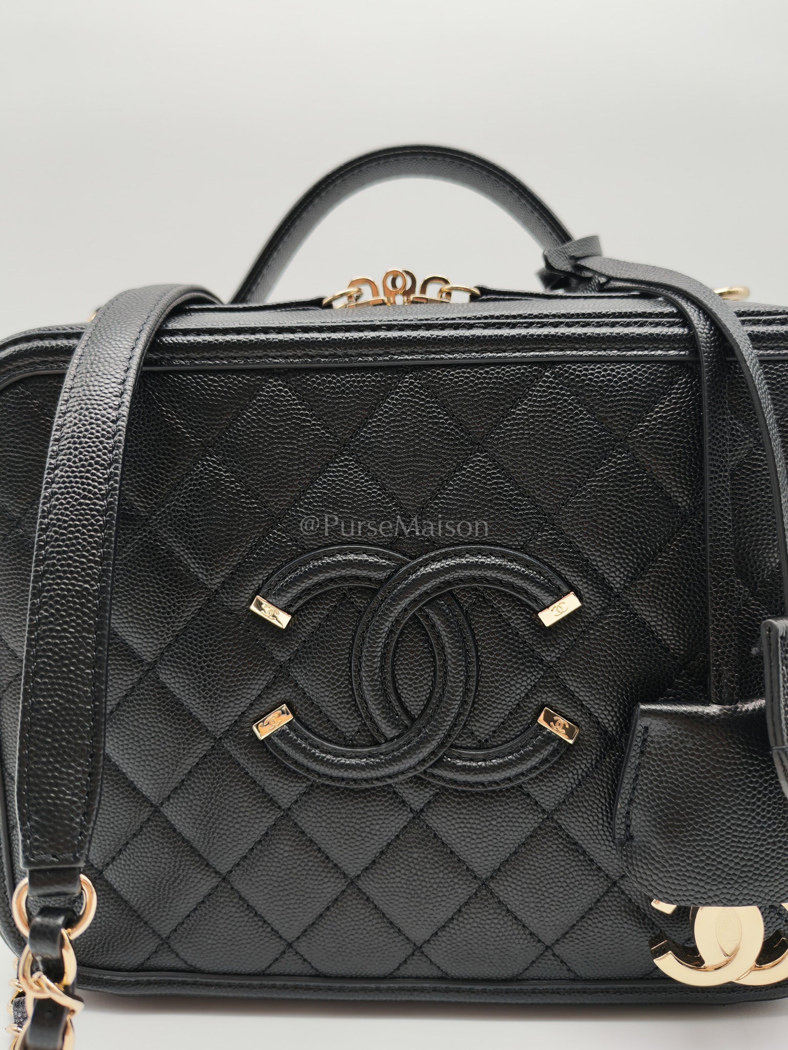 Filigree Vanity Case Large Black Caviar Leather in Light Gold Hardware (Series 30) | Purse Maison Luxury Bags Shop