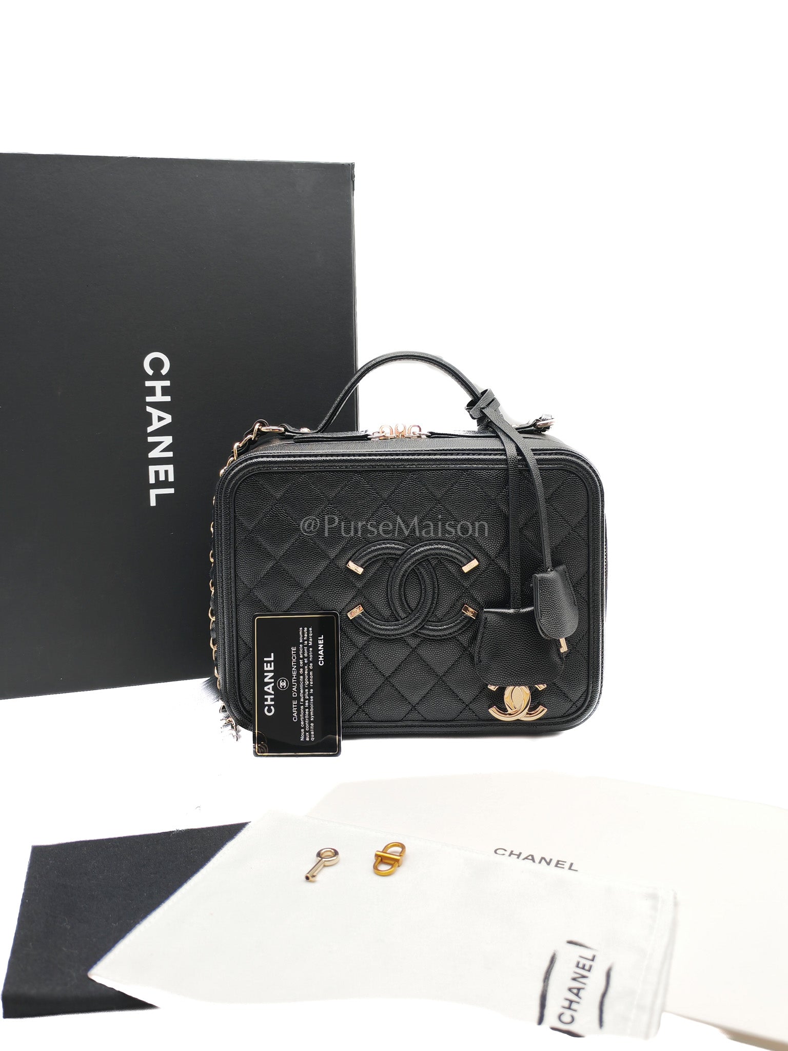 Filigree Vanity Case Large Black Caviar Leather in Light Gold Hardware (Series 30) | Purse Maison Luxury Bags Shop