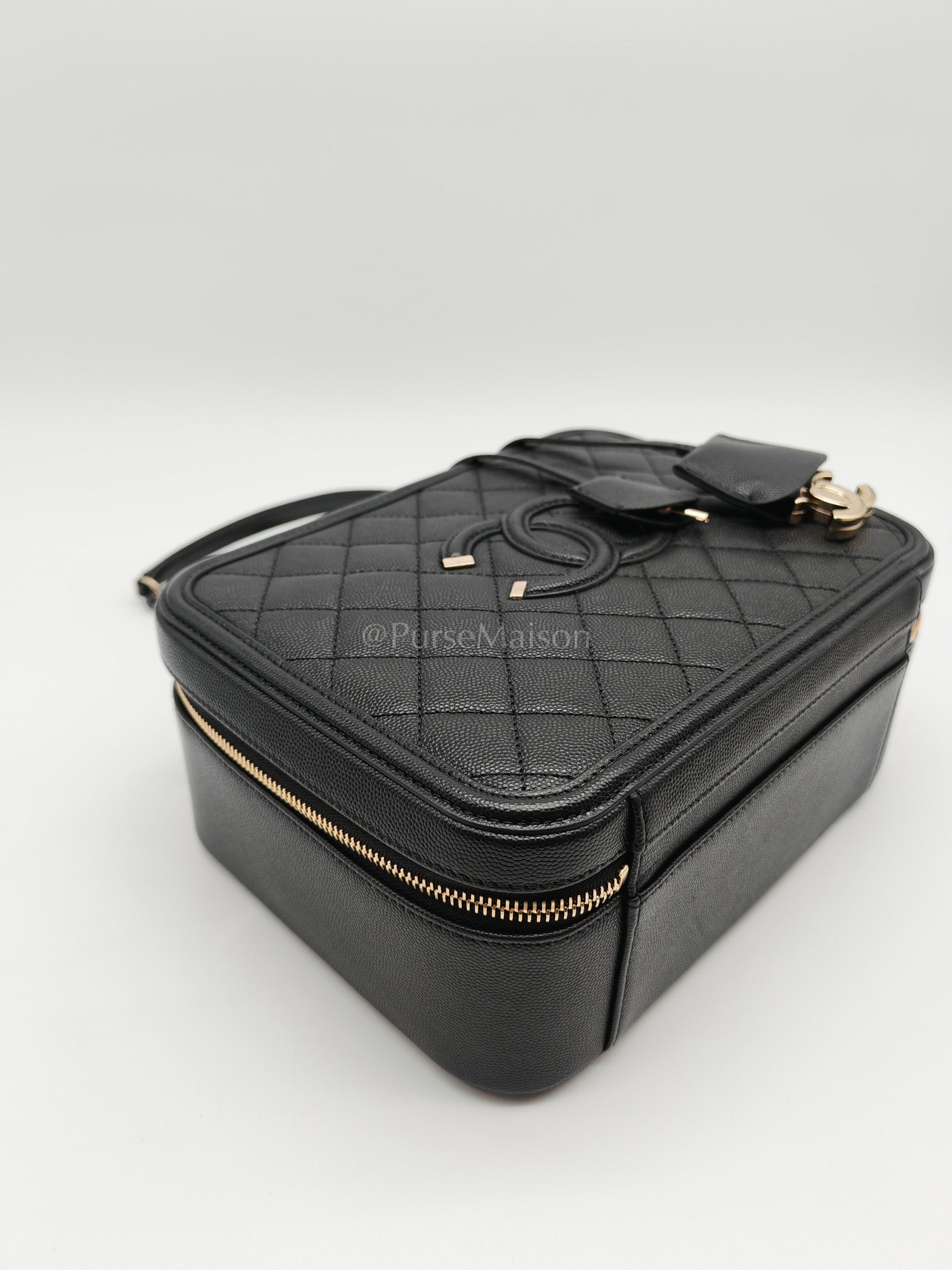 Filigree Vanity Case Large Black Caviar Leather in Light Gold Hardware (Series 30) | Purse Maison Luxury Bags Shop