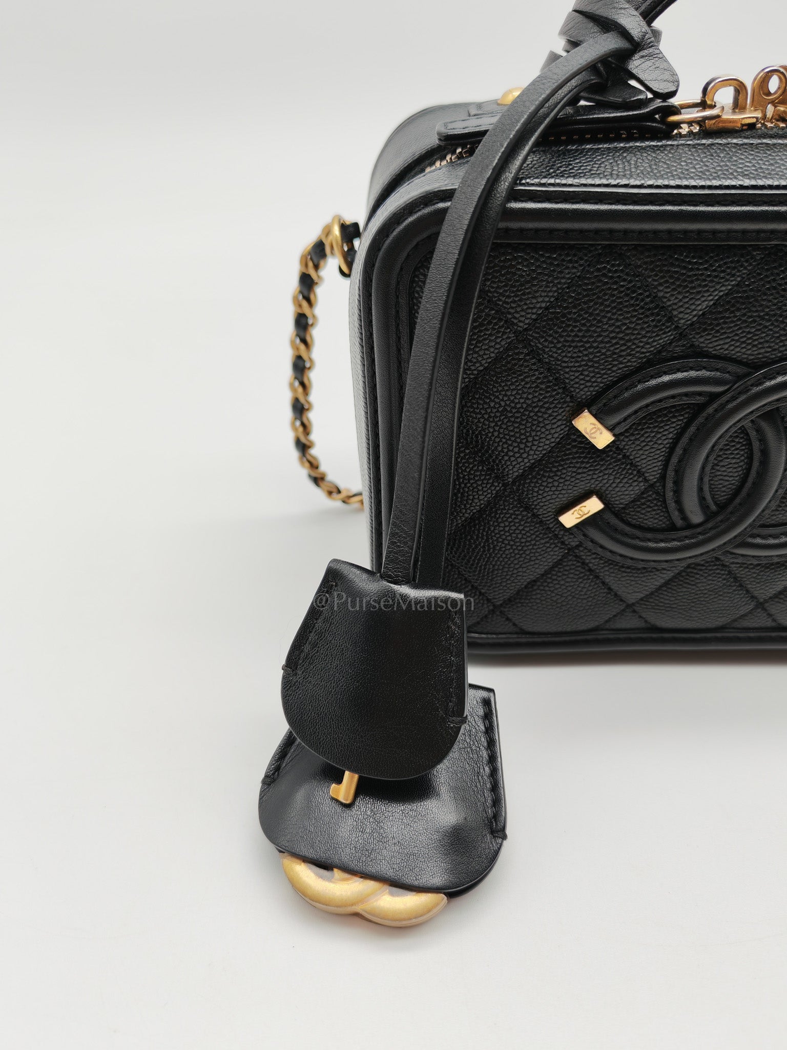 Filigree Vanity Case Small in Black Quilted Caviar Leather & Aged Gold Hardware Series 26 | Purse Maison Luxury Bags Shop