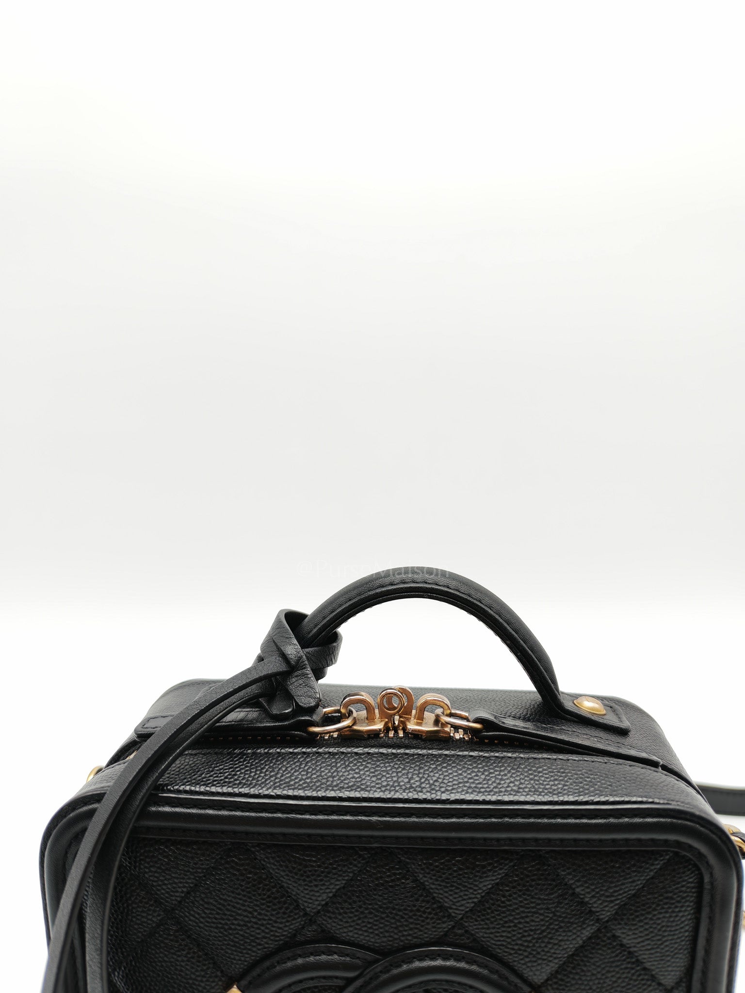 Filigree Vanity Case Small in Black Quilted Caviar Leather & Aged Gold Hardware Series 26 | Purse Maison Luxury Bags Shop