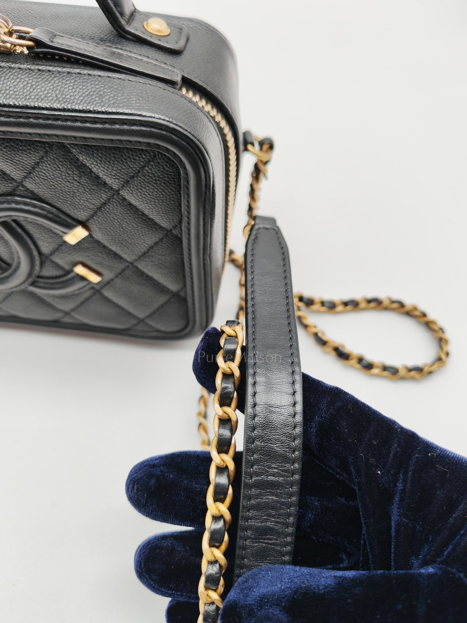 Filigree Vanity Case Small in Black Quilted Caviar Leather & Aged Gold Hardware Series 26 | Purse Maison Luxury Bags Shop