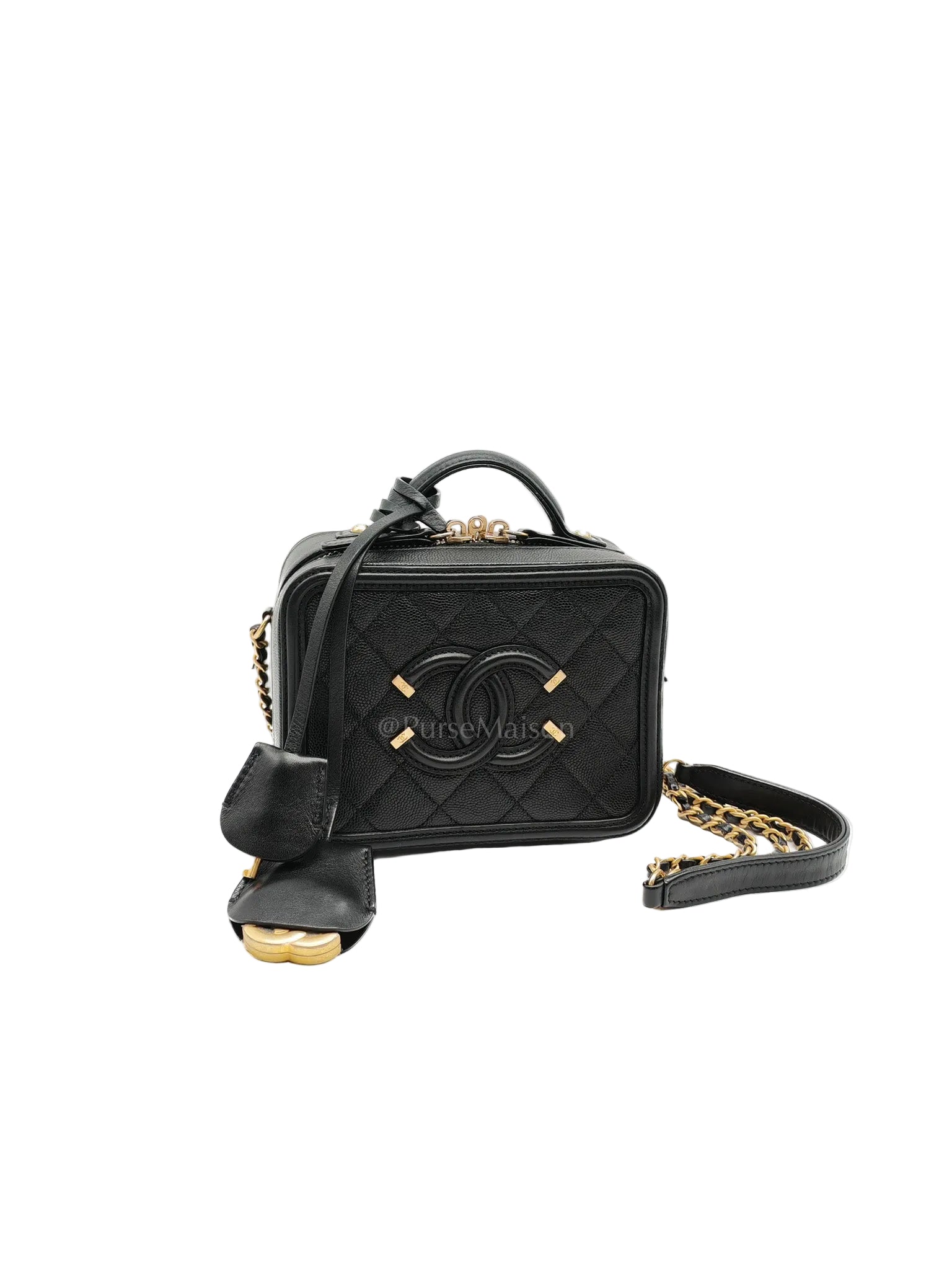 Filigree Vanity Case Small in Black Quilted Caviar Leather & Aged Gold Hardware Series 26 | Purse Maison Luxury Bags Shop