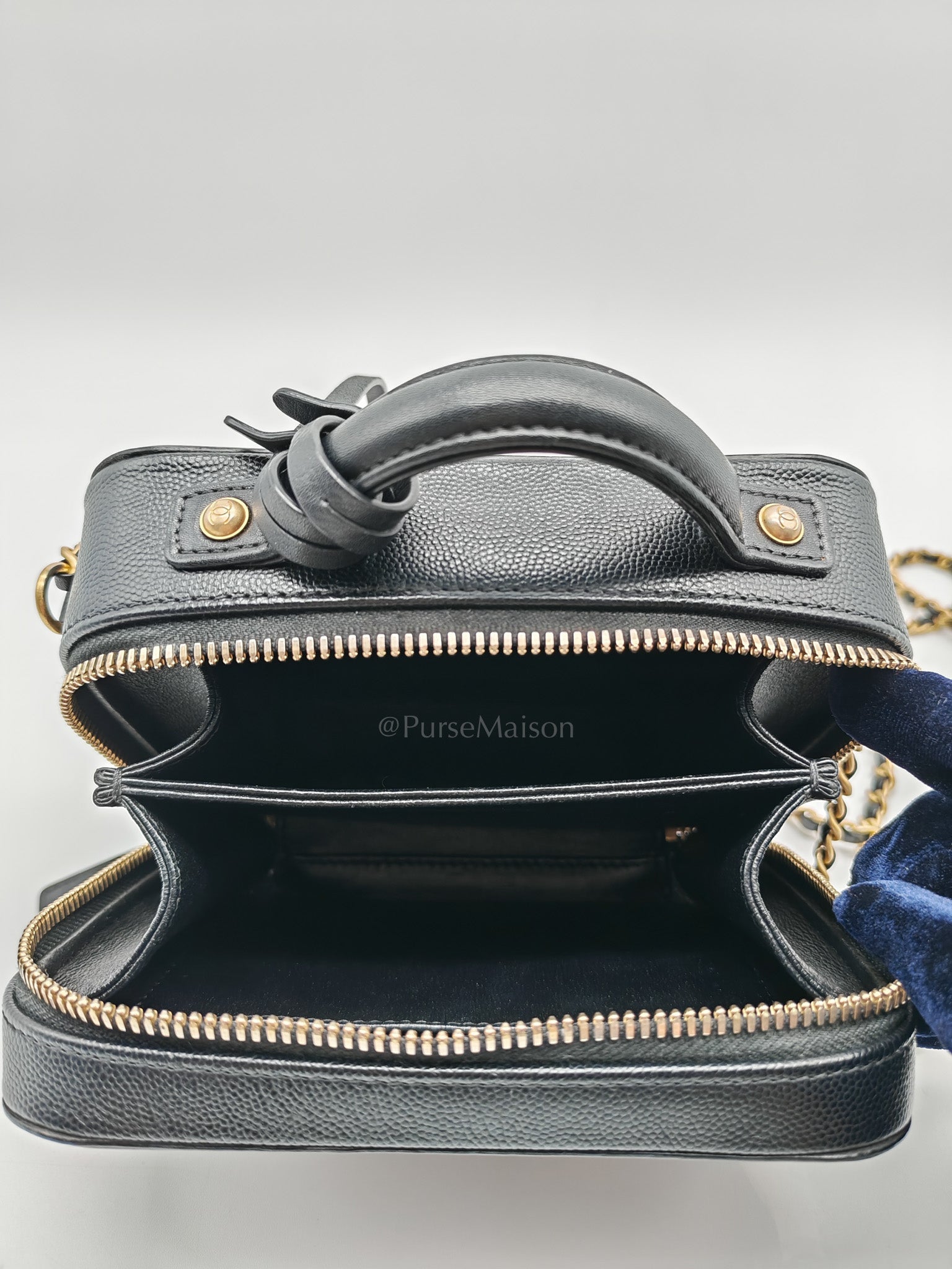 Filigree Vanity Case Small in Black Quilted Caviar Leather & Aged Gold Hardware Series 26 | Purse Maison Luxury Bags Shop