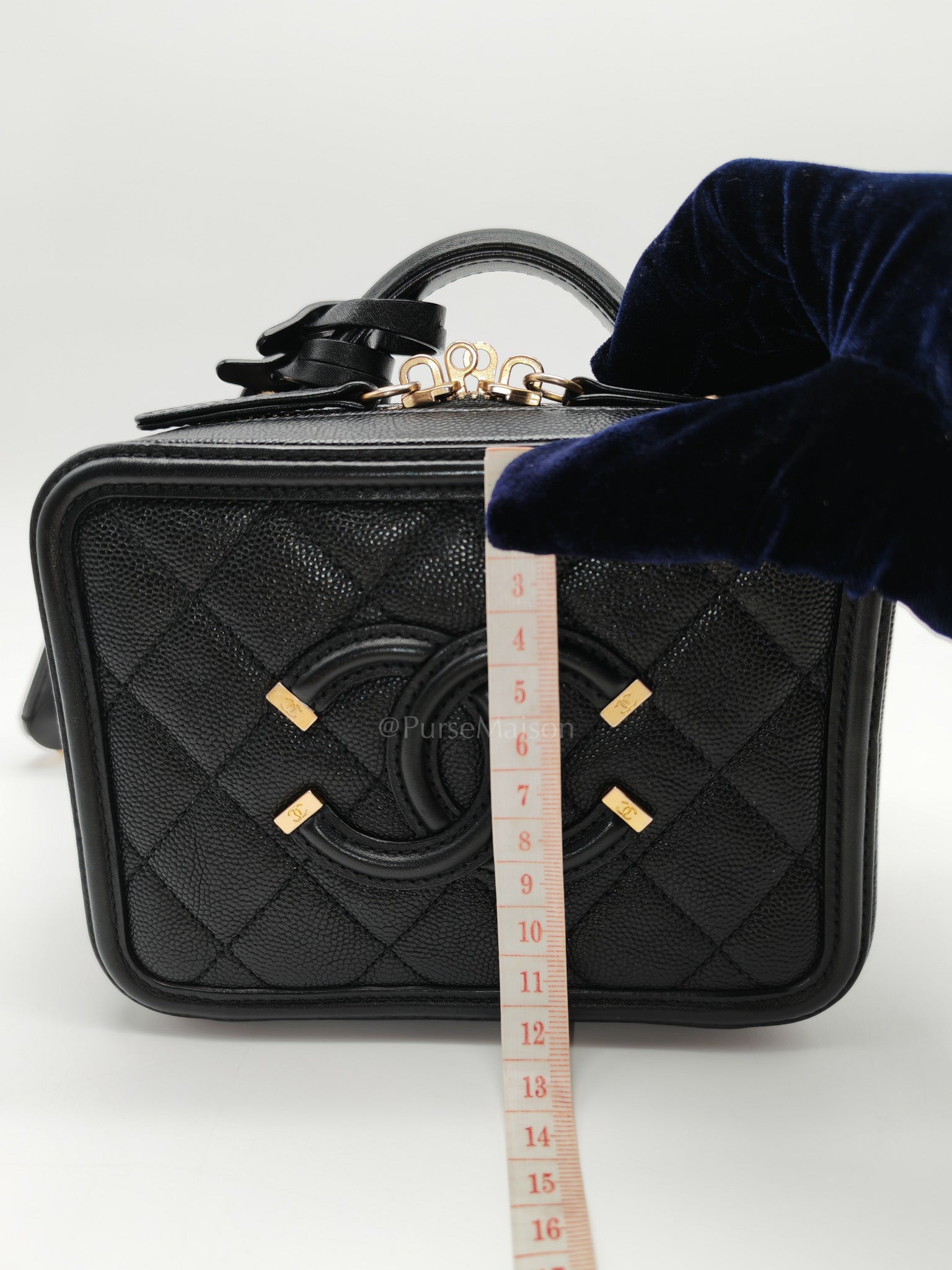 Filigree Vanity Case Small in Black Quilted Caviar Leather & Aged Gold Hardware Series 26 | Purse Maison Luxury Bags Shop