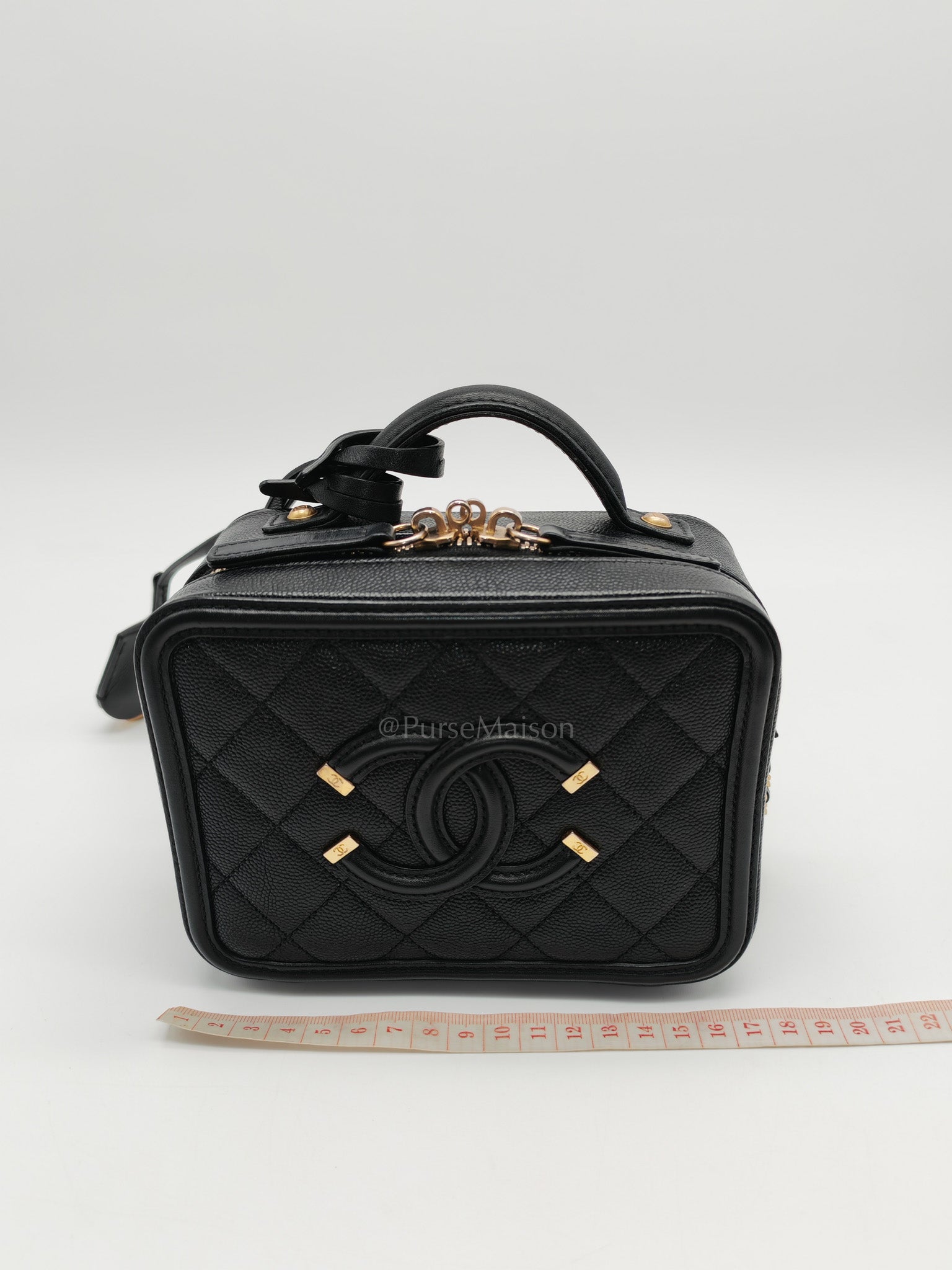 Filigree Vanity Case Small in Black Quilted Caviar Leather & Aged Gold Hardware Series 26 | Purse Maison Luxury Bags Shop