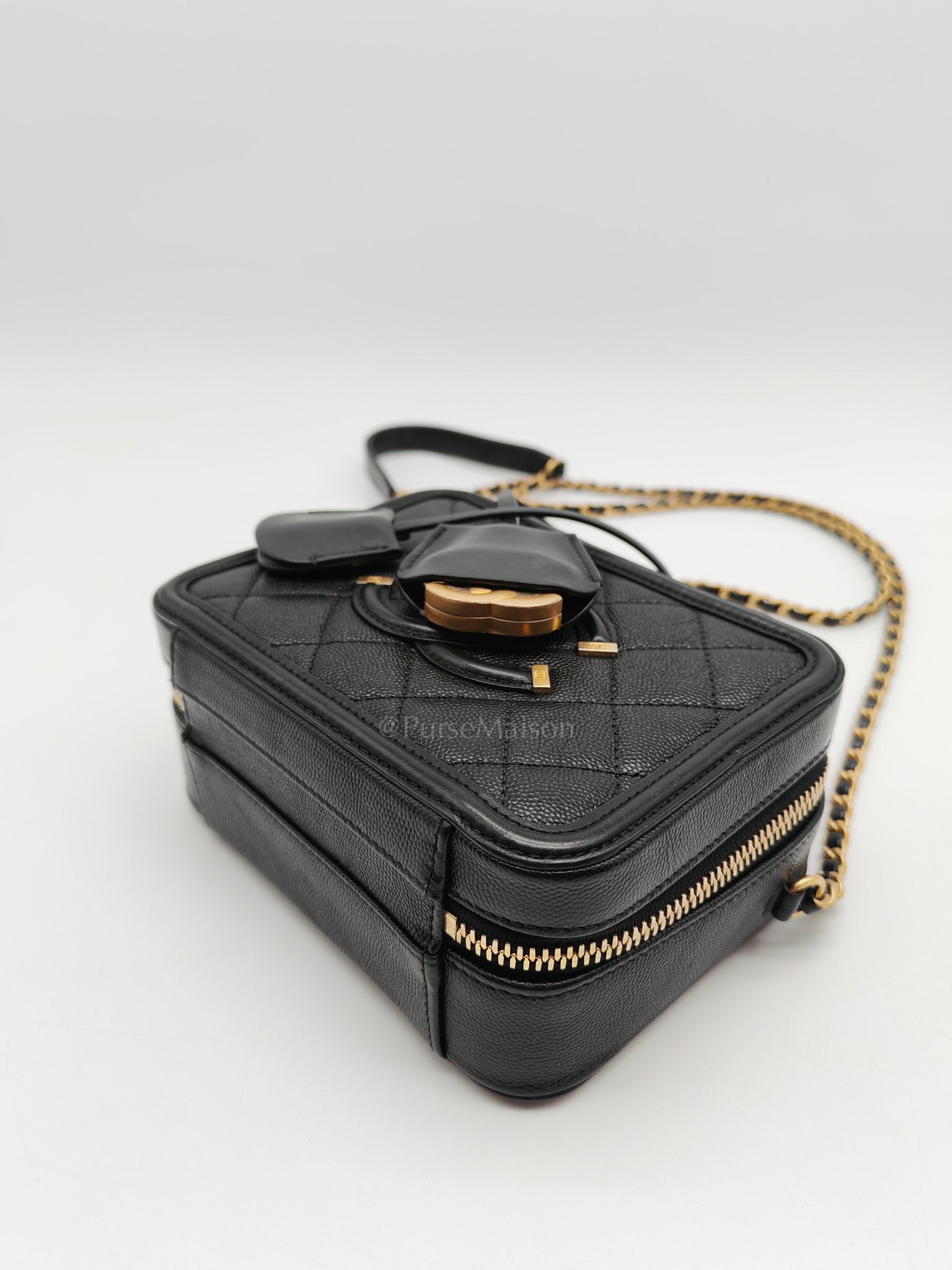 Filigree Vanity Case Small in Black Quilted Caviar Leather & Aged Gold Hardware Series 26 | Purse Maison Luxury Bags Shop