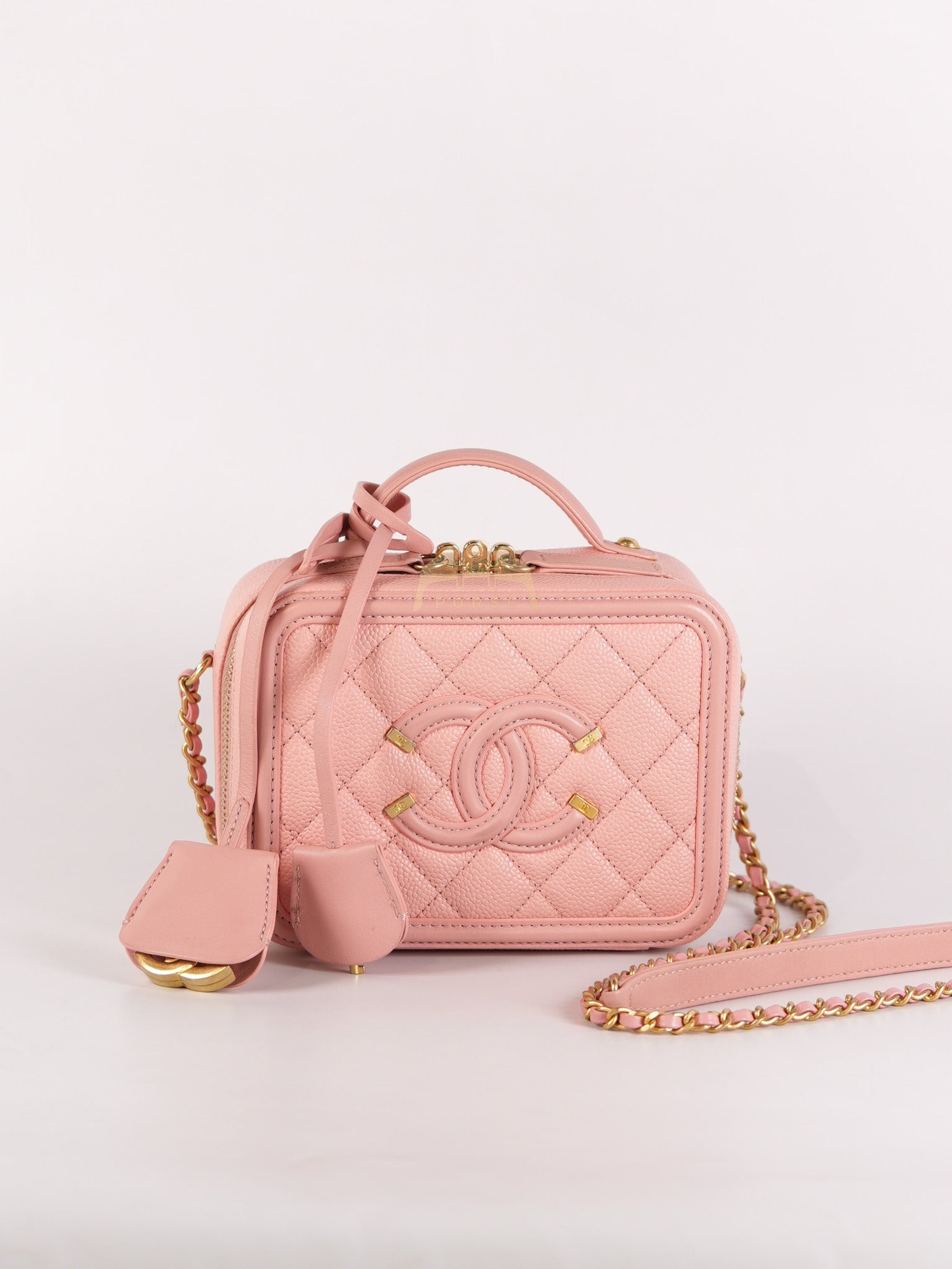 Filigree Vanity Case Small in Pink Caviar Leather Aged Gold Hardware Series 27 | Purse Maison Luxury Bags Shop