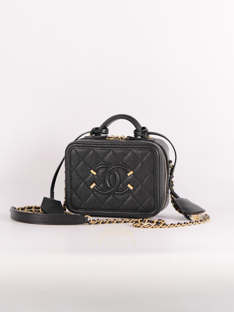 Filigree Vanity Small in Black Quilted Caviar and Aged Gold Hardware (Series 28) | Purse Maison Luxury Bags Shop