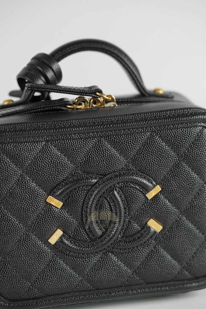 Filigree Vanity Small in Black Quilted Caviar and Aged Gold Hardware (Series 28) | Purse Maison Luxury Bags Shop