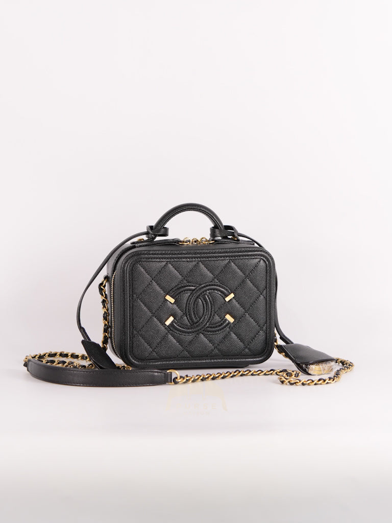 Filigree Vanity Small in Black Quilted Caviar and Aged Gold Hardware (Series 28) | Purse Maison Luxury Bags Shop