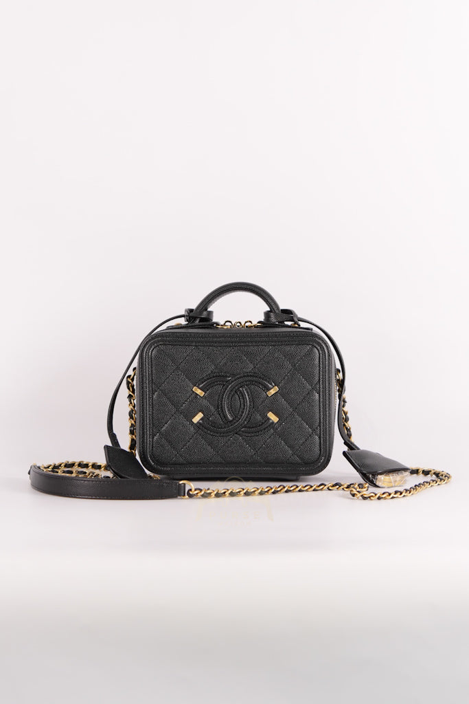 Filigree Vanity Small in Black Quilted Caviar and Aged Gold Hardware (Series 28) | Purse Maison Luxury Bags Shop