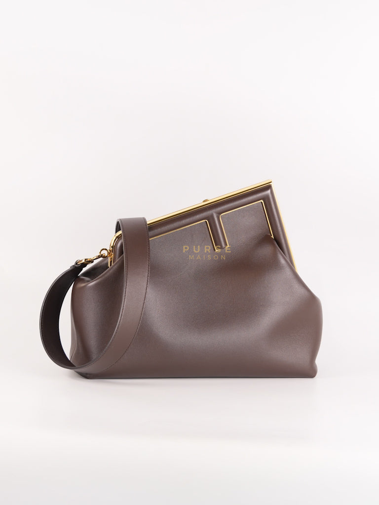 First Medium in Chocolate Shiny Calfskin Leather Two-Way Bag | Purse Maison Luxury Bags Shop