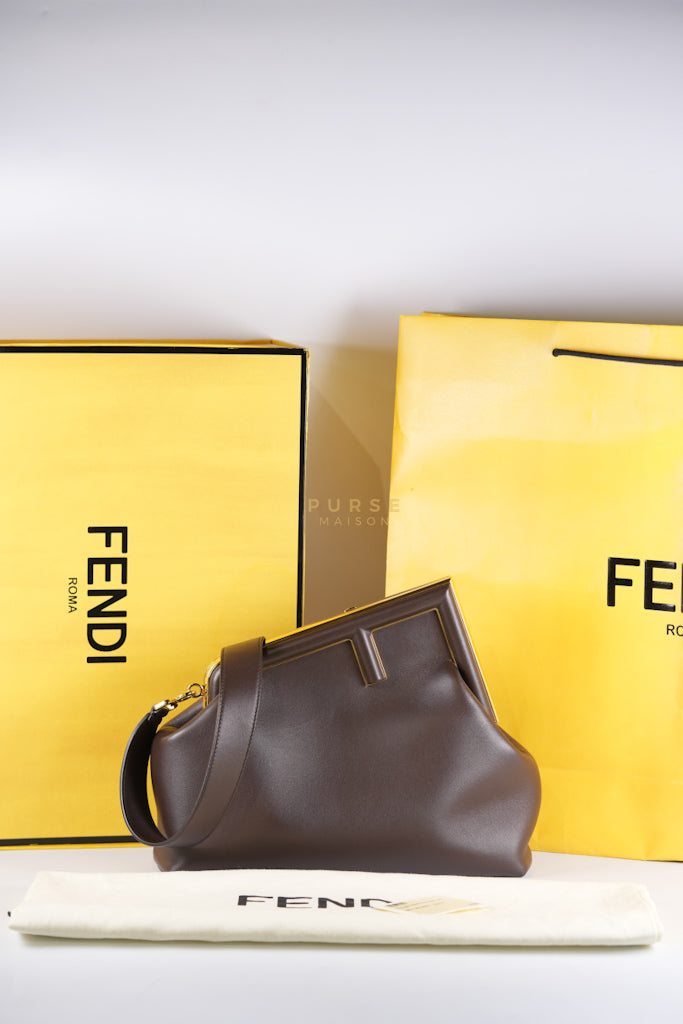First Medium in Chocolate Shiny Calfskin Leather Two-Way Bag | Purse Maison Luxury Bags Shop
